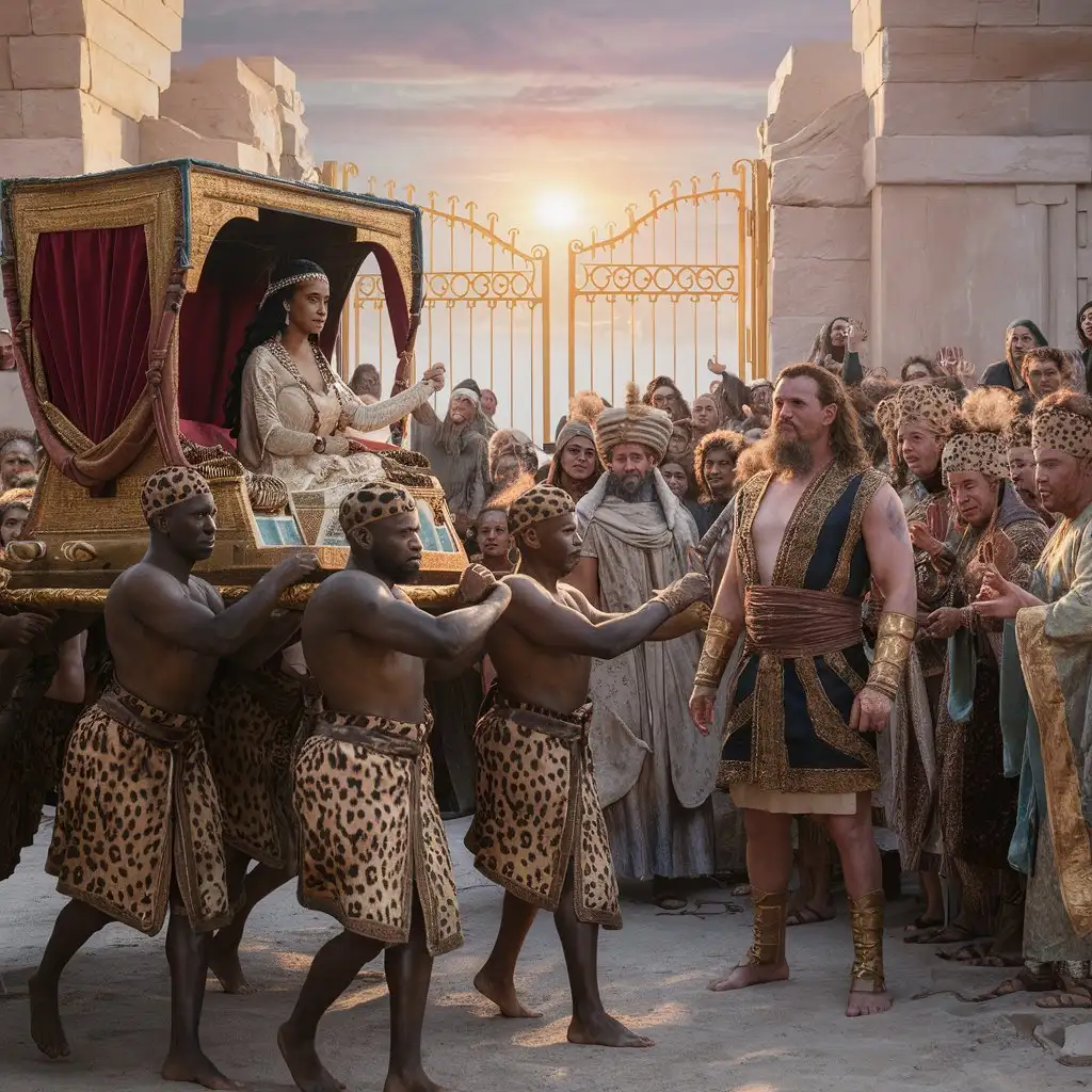 The queen of Sheba laying in her palanquin carried by four black slaves dressed in leopard skin, stretch her arm to bid farewell to a bearded and long-haired king Salomon, standing outside the city gates, while the crowd cheers, all dressed in gorgeous ancient oriental clothes, sun rising, cinematic, large panoramic view,