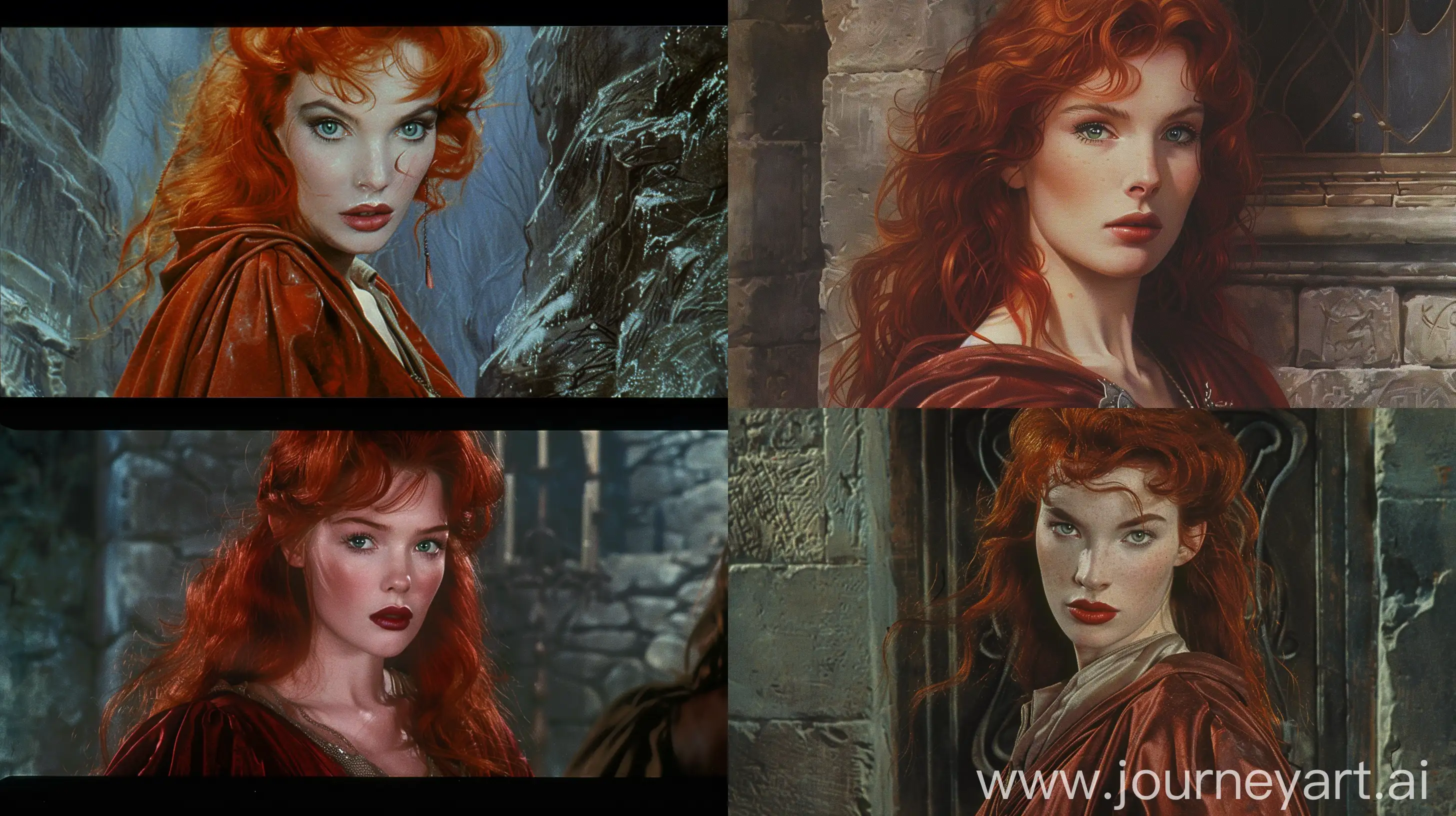 dvd screenshot of Dark Souls fantasy illustration from the 1987s. Artistic illustration of a sorceress with red-haired and emerald eyes, wearing crimson robes that embrace her slender, graceful form, her blush lips contrasting with her snow-white complexion, he had worn a brown leather doublet. Screenshot from the 1987 Dark Souls costume DVD, fantasy book illustration. --ar 16:9