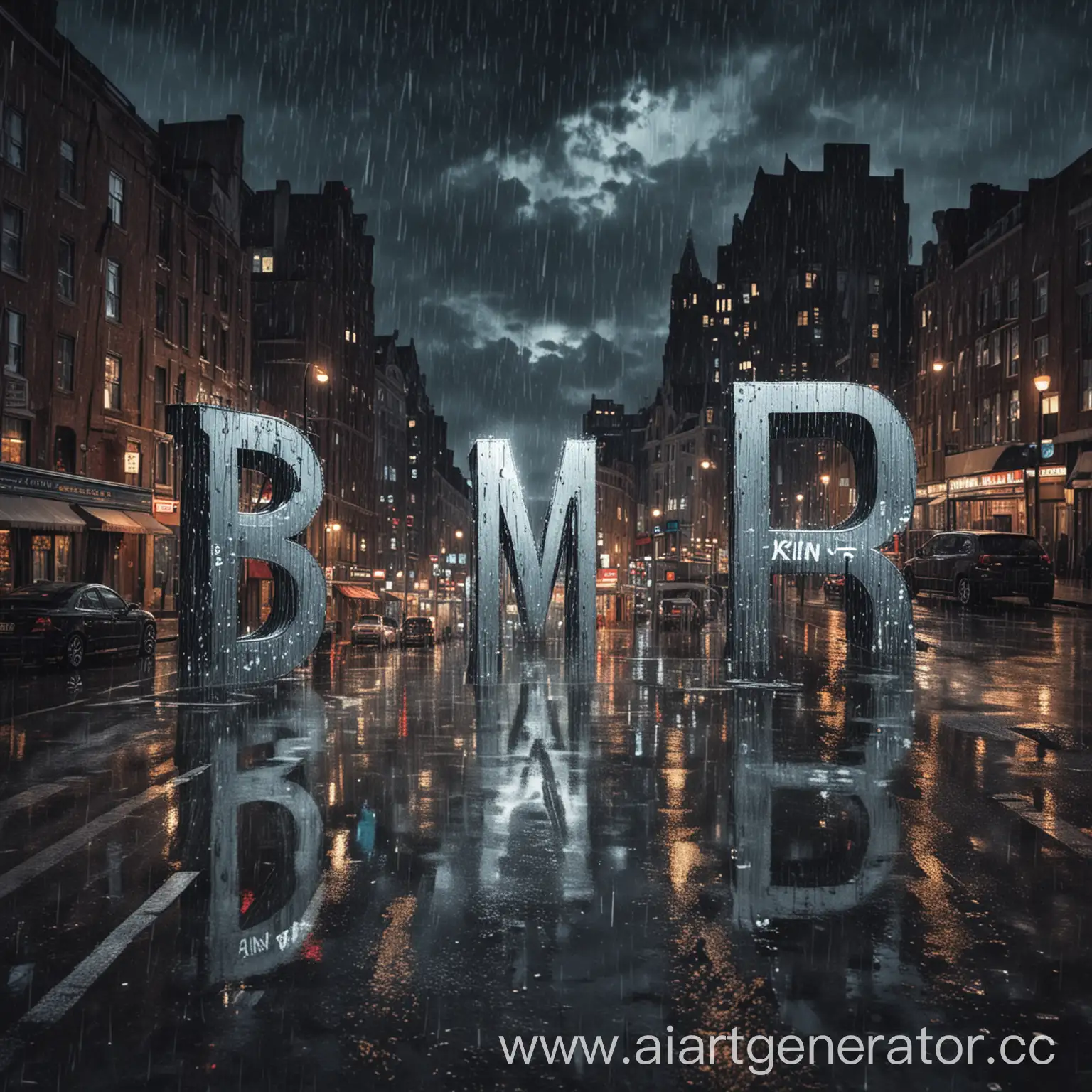 Нарисуй картинку для альбома музыки где на английском  большие буквы B M R и маленькие ain на фоне ночного дождя в городе и все напоминает музыку