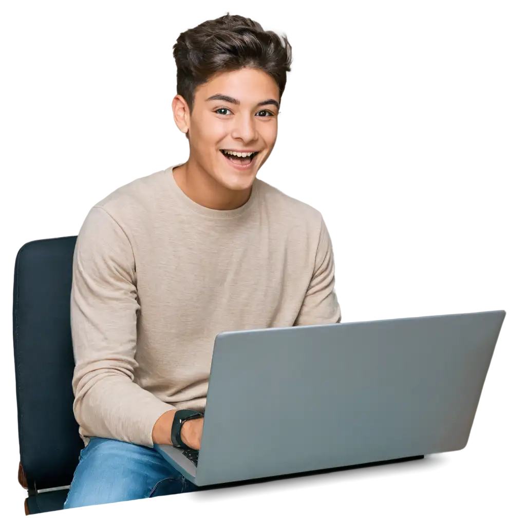 a real happy
 boy using computer