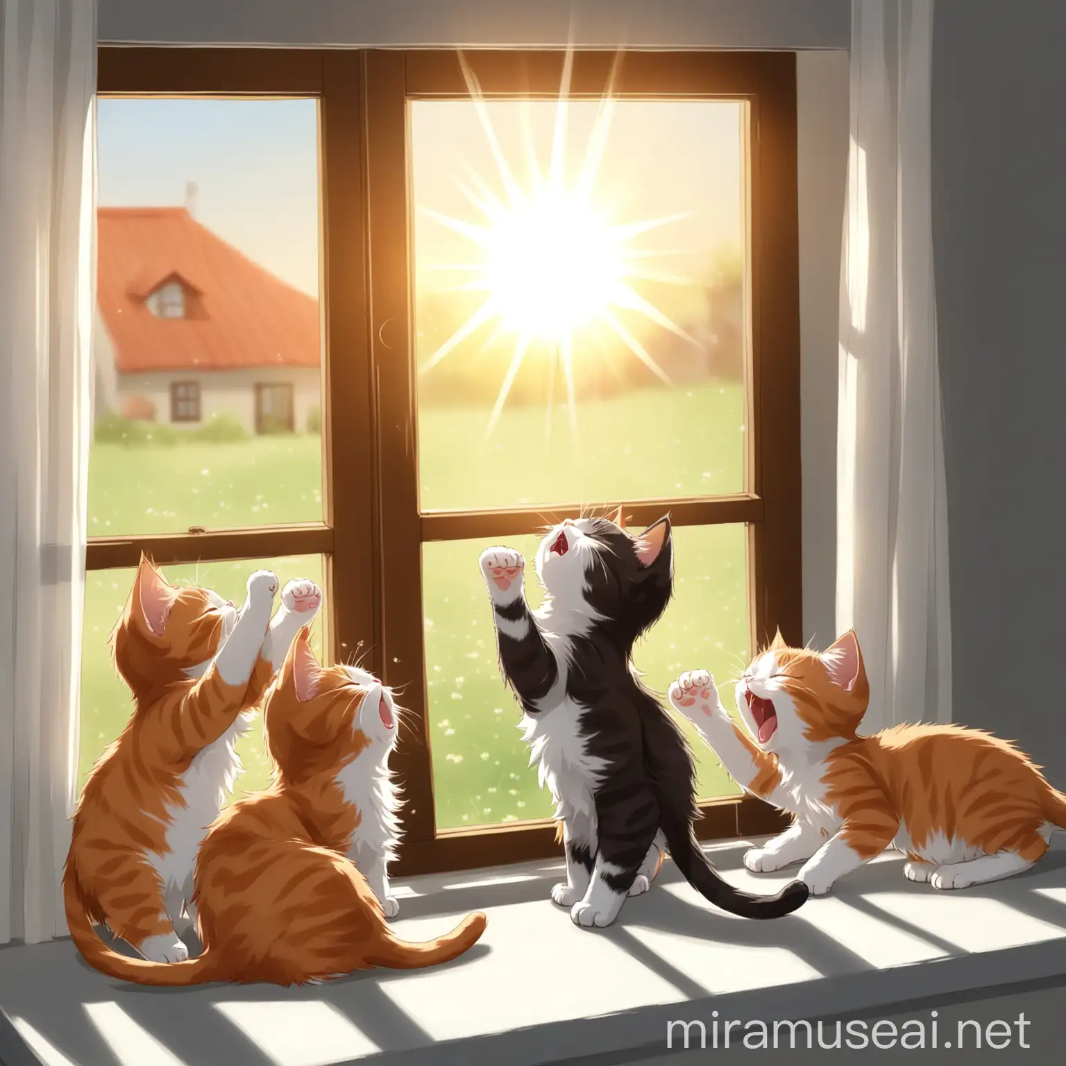 Adorable Kittens Stretching and Yawning in Morning Sunlight