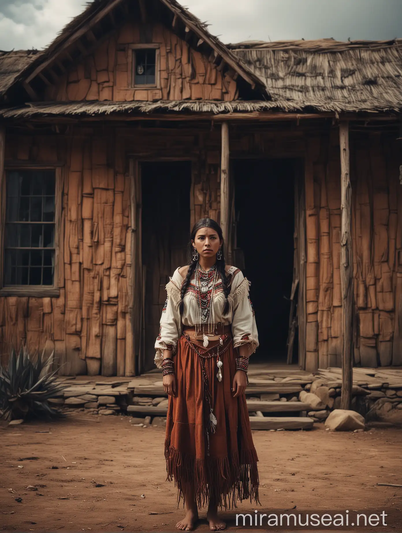 Native American woman in front of a long house, traditional clothing, sexy, regal, epic, cinematic, atmospheric