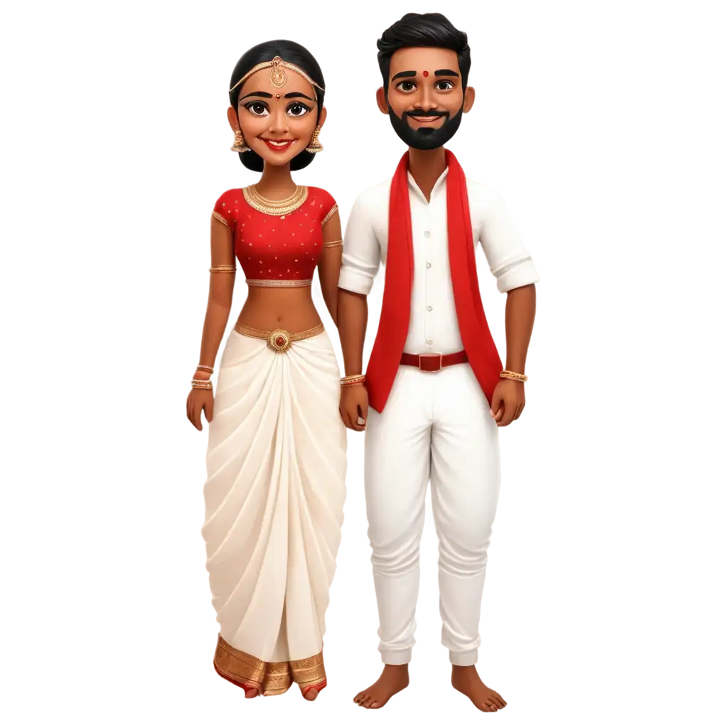 South-Indian-Wedding-Couple-Caricature-PNG-Image-Bride-in-Dhoti-Groom-in-Red-Saree