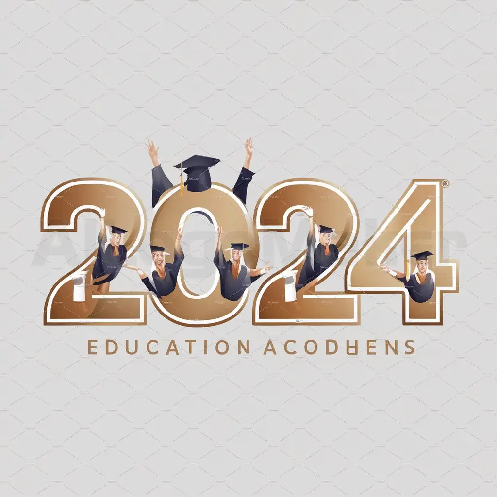 a logo design,with the text "2024", main symbol:MAKE A LOGO OF 2024 IN GOLD COLOR AND WITHIN THE NUMBERS ARE DRAWING OF GRADUATES RAISING HANDS WITH DIPLOMA,Moderate,be used in Education industry,clear background