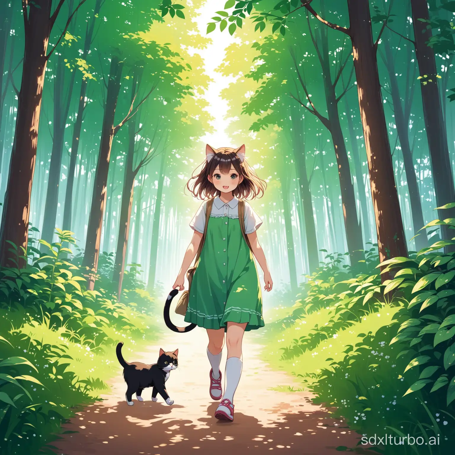 The girl cat is walking in the forest