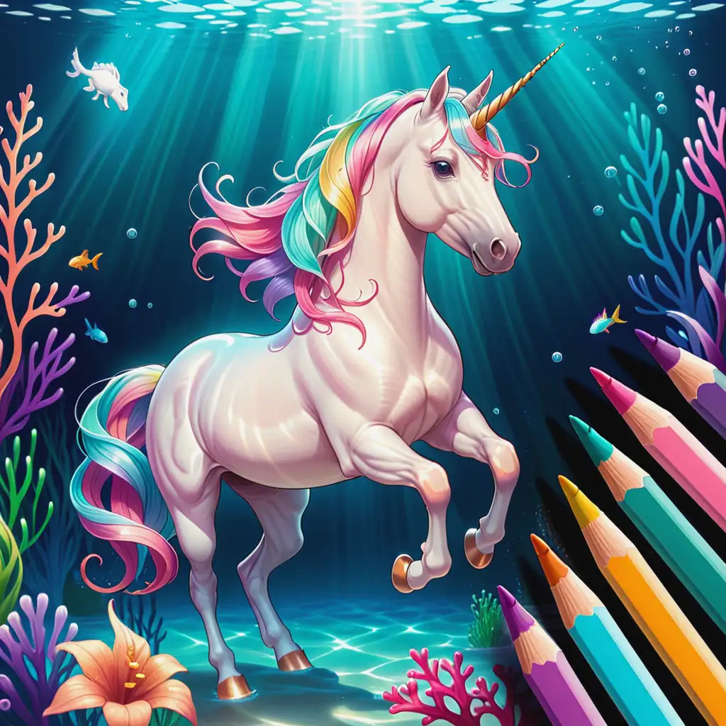 Magical Unicorn Swimming Underwater for Coloring Book