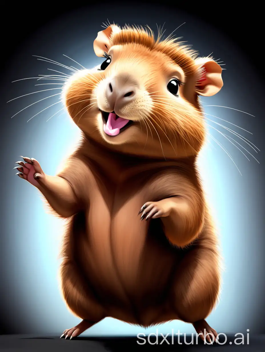 A smilling baby capybara is floating in the air. It is leaning sideways and bending its body. It stretches its two upper feet as if  it is trying to hug something. The background of the screen is pure black. The picture should be cute cartoon style.