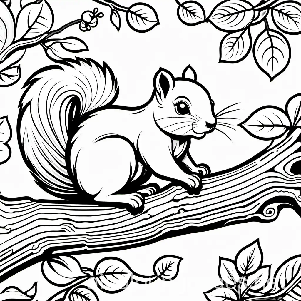 super cute squirrel on a tree branch, Coloring Page, black and white, line art, white background, Simplicity, Ample White Space. The background of the coloring page is plain white to make it easy for young children to color within the lines. The outlines of all the subjects are easy to distinguish, making it simple for kids to color without too much difficulty