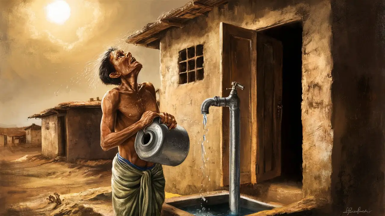 realistic ai image: An Indian village poor man is standing outside the house with an empty water can in his hand, waiting for water, no water is coming from the tap, he is looking at the sun in the sky, water is falling drop by drop from the tap, the man is also sweating