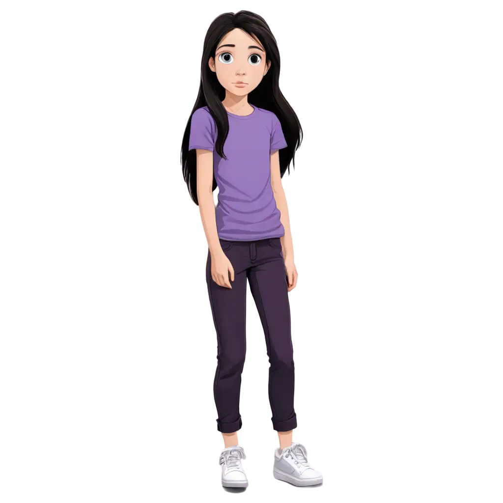 cartoon drawing: A beautiful little girl with white skin, big hazel eyes and long black hair but not to long. She sad crying. She is around 13 years old. She is wearing purple pants and a purple t-shirt and white shoes. She has white skin. she is surprised. Make it more like a drawing and not like a photo. 