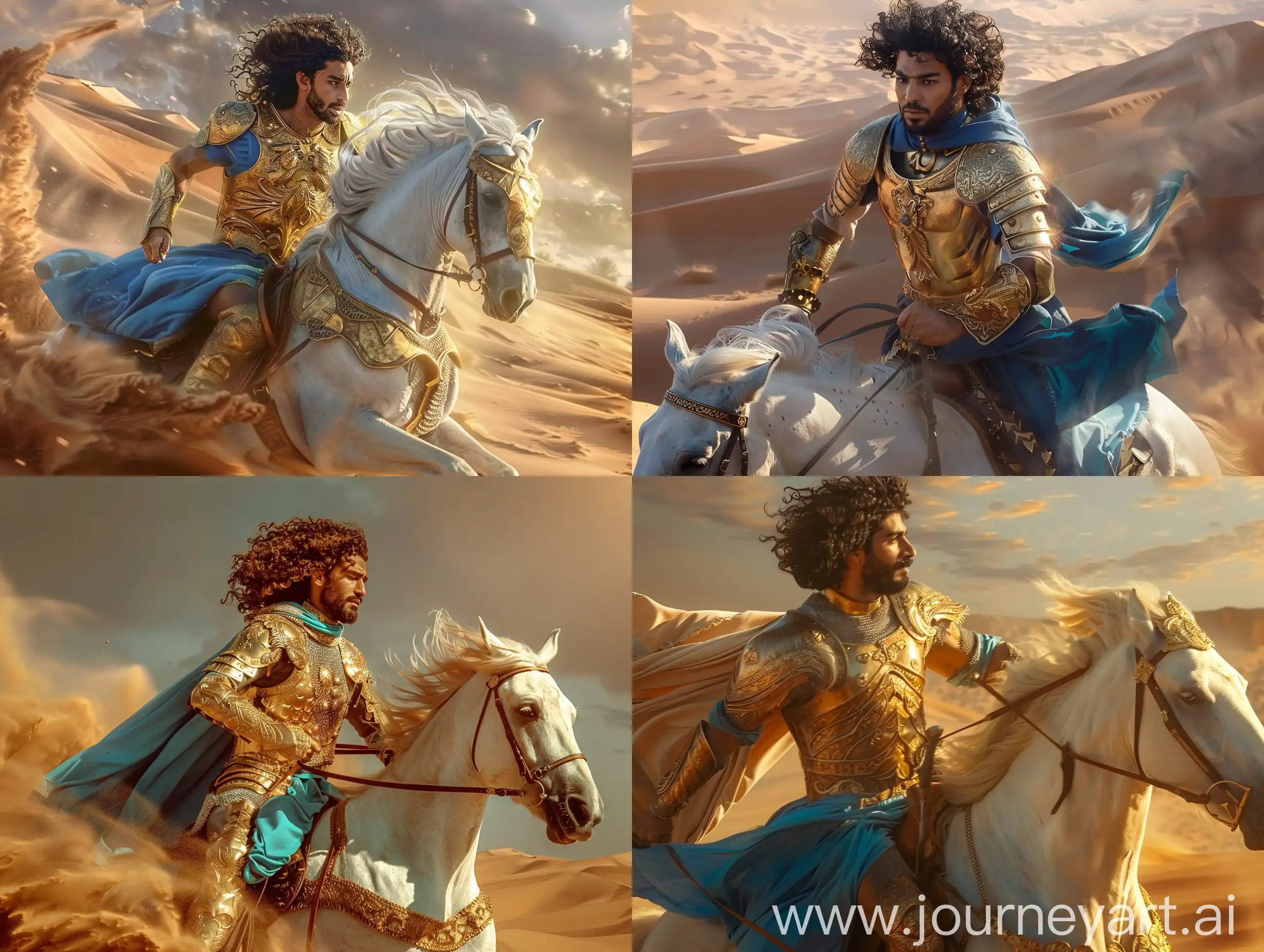 A man with curly hair and a beard, golden armor with a blue dress, on a white horse galloping through the desert, cinematic lighting