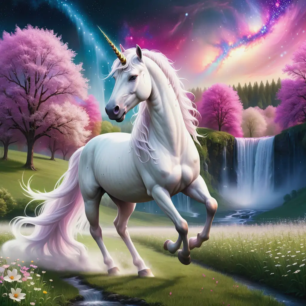 white unicorn, standing in the open with a field behine, trees in full bloom, galaxy colored sky, waterfall behind, running creek