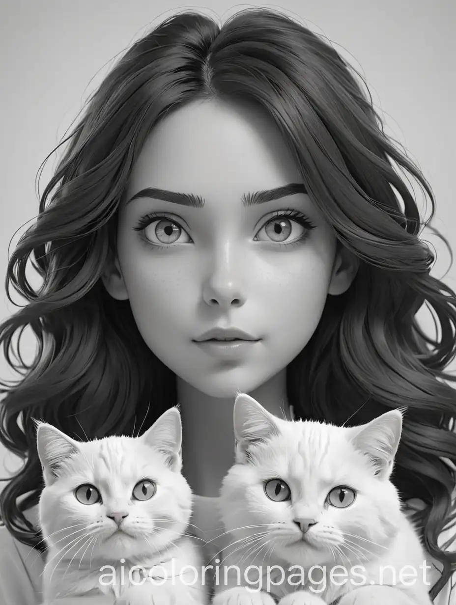 The beautiful girl and the white cat, Coloring Page, black and white, line art, white background, Simplicity, Ample White Space. The background of the coloring page is plain white to make it easy for young children to color within the lines. The outlines of all the subjects are easy to distinguish, making it simple for kids to color without too much difficulty