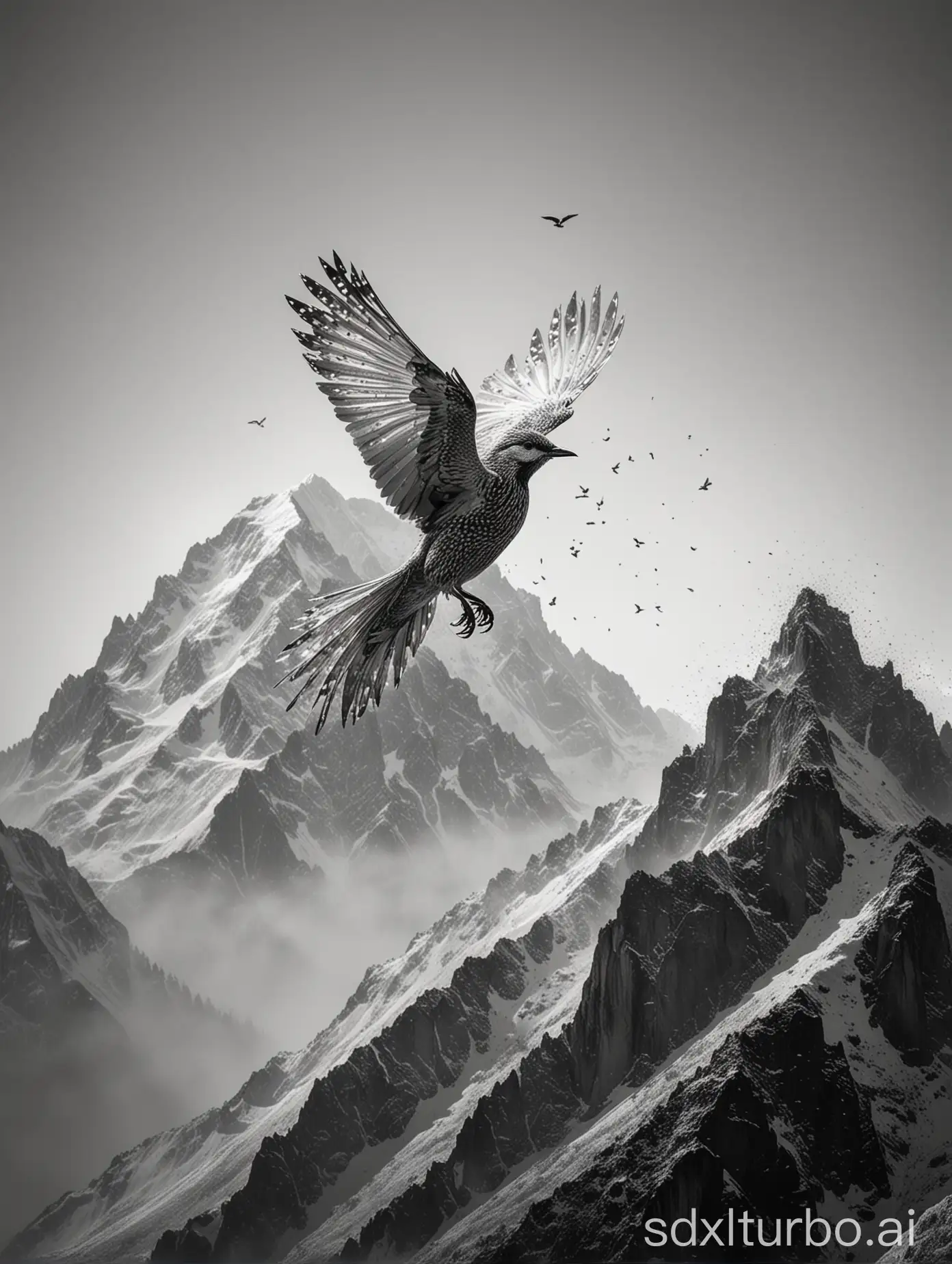 On a pure white background, countless tiny and delicate black dotted textures coalesce into a bird spreading its wings and flying high, with full plumage and graceful posture. At the same time, these dotted textures also ingeniously form a majestic mountain with overlapping peaks, towering and magnificent. Between the bird and the mountain, light and shadow intermingle, creating a dreamy and three-dimensional visual effect. The bird seems to be chasing the contours of the mountain, and the entire image is filled with a sense of motion and harmony. 