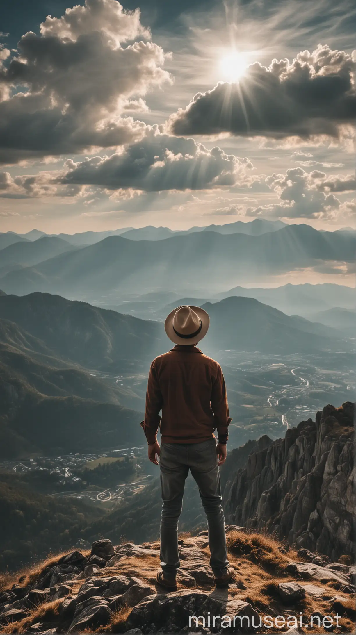A young man wearing a hat and standing on top of a mountain staring at the sky