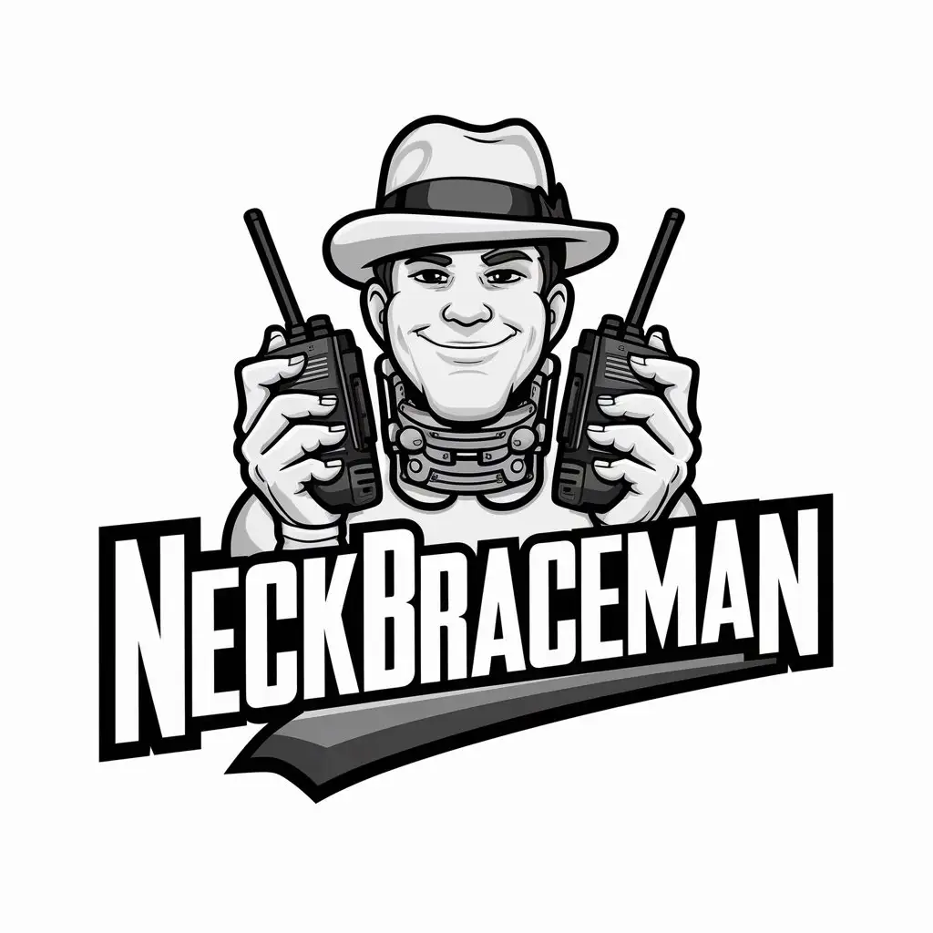 a logo design,with the text "neckbraceman", main symbol:awhiteguywearinganeckbraceholdingwalkietalkiesandwearingahat,complex,be used in Entertainment industry,clear background