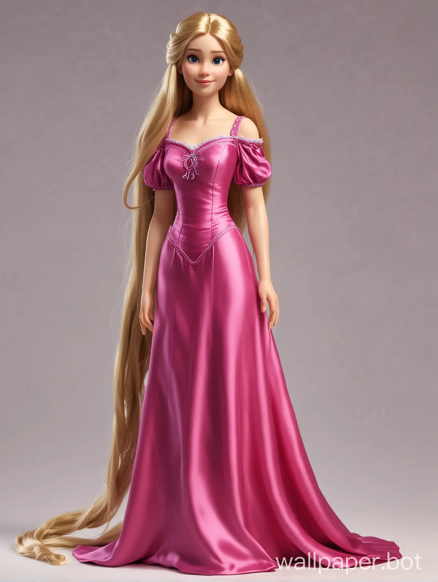 Реалистичная Рапунцель с длинными волосами в шелковом платье-слип цвета розовая фуксия