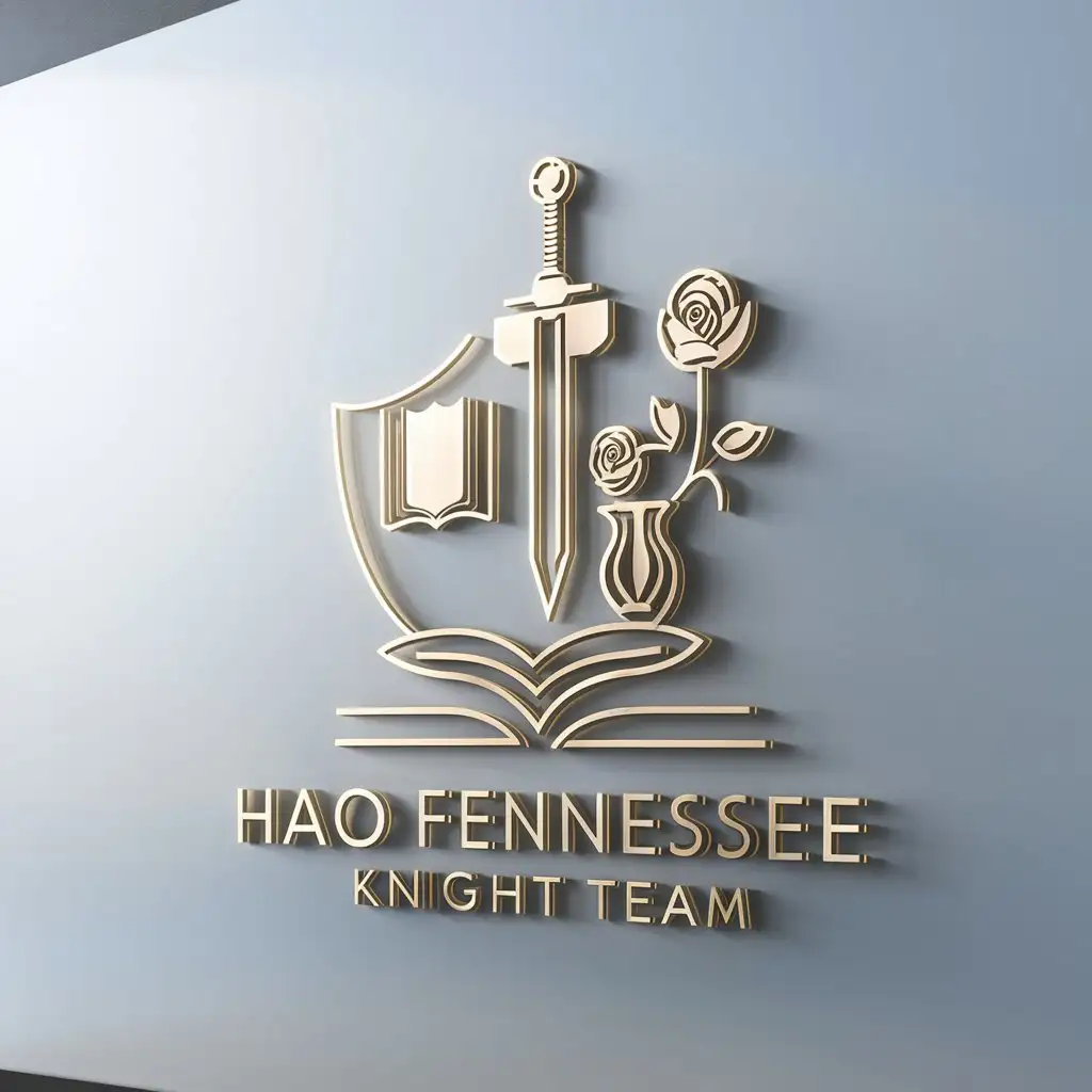 a logo design,with the text "HAO Fennessee Knight Team", main symbol:sword, shield, book, rose and vase,Minimalistic,clear background