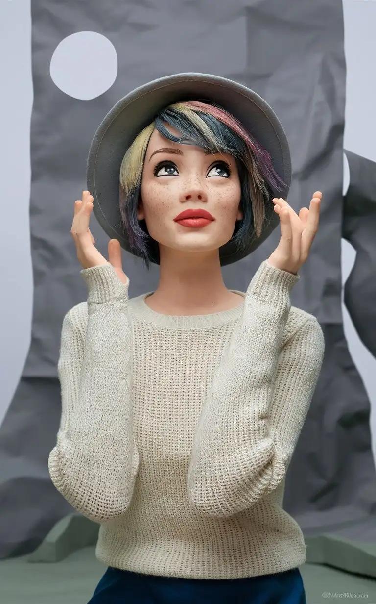(Clay model, clay material:1.5),(Clay texture, clay texture texture:1.4),(in the style of clay animation, stop motion animation:1.4),solo, realistic, emma stone, ((full body)), in a hat, __, simple background, looking up, multicolor hair, freckles, sweater, grey background, short hair, white sweater, teeth, black eyes,white shirt, parted lips, messy hair, long sleeves, Clay style，photographed in the style of Wong Kar-wai