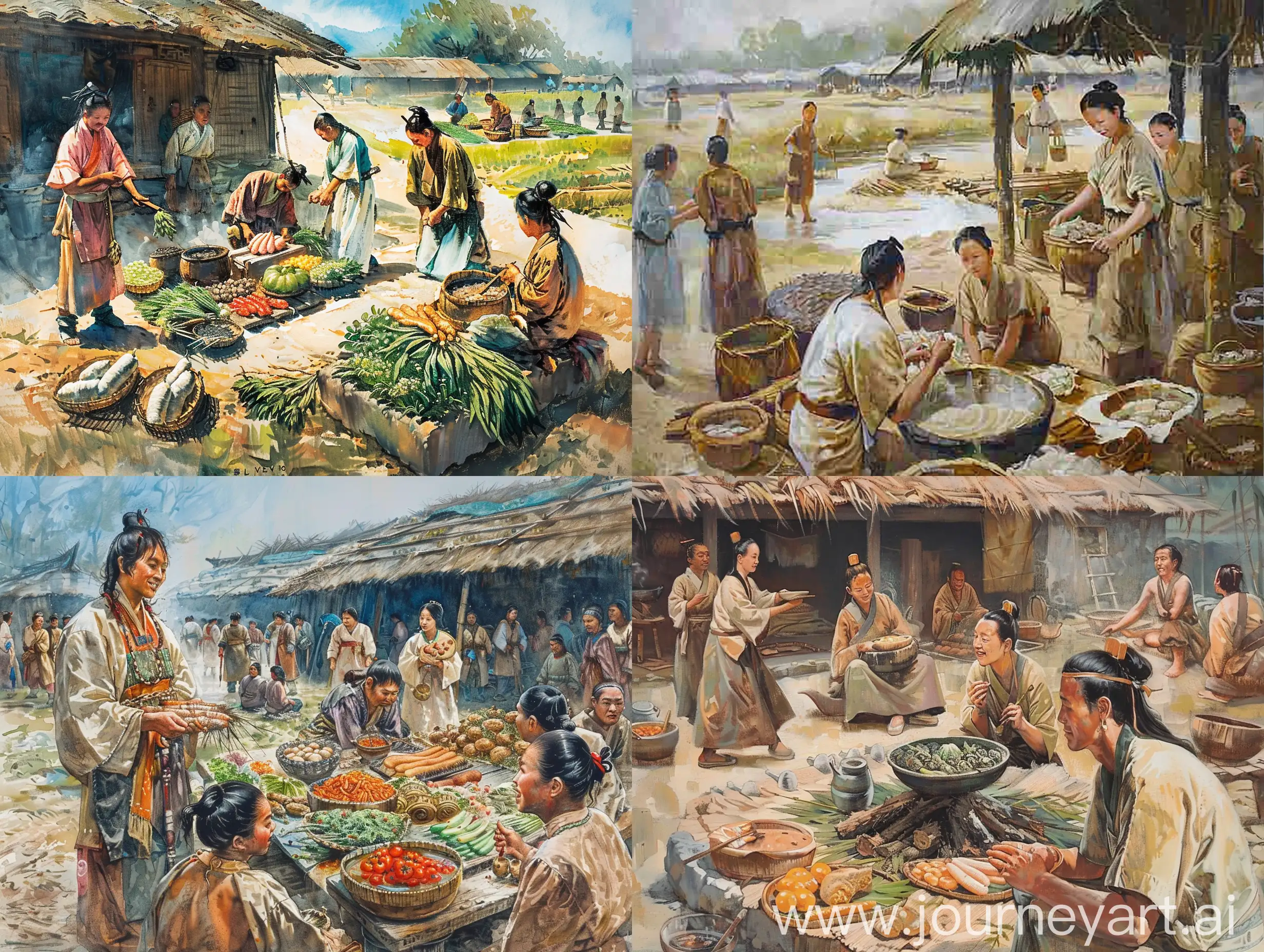 画一幅关于仰韶文化的画，要求体现当时人类的外貌特征，居住条件，社会结构，食物来源。要求，暖色调，画面干净透亮，人物要少