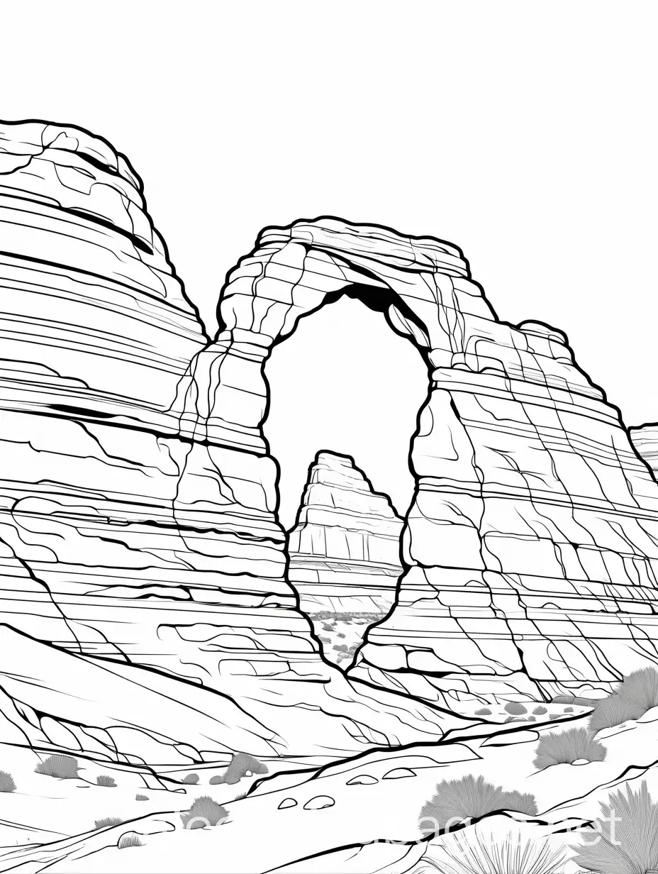 arches national park utah
, Coloring Page, black and white, line art, white background, Simplicity, Ample White Space. The background of the coloring page is plain white to make it easy for young children to color within the lines. The outlines of all the subjects are easy to distinguish, making it simple for kids to color without too much difficulty