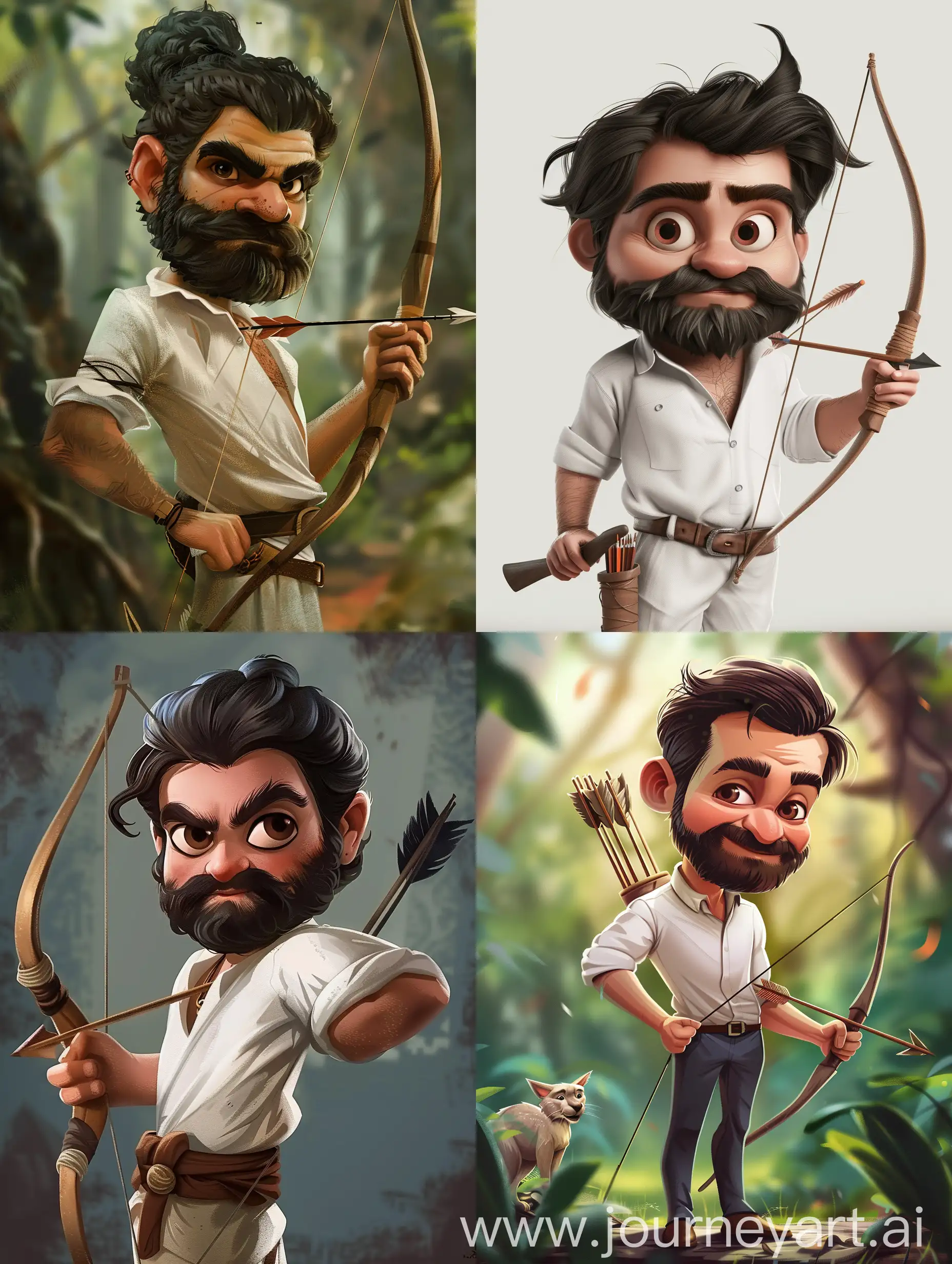 Eknath shinde in white shirt with bow and arrow in hand cute caricature as a pixar disney character