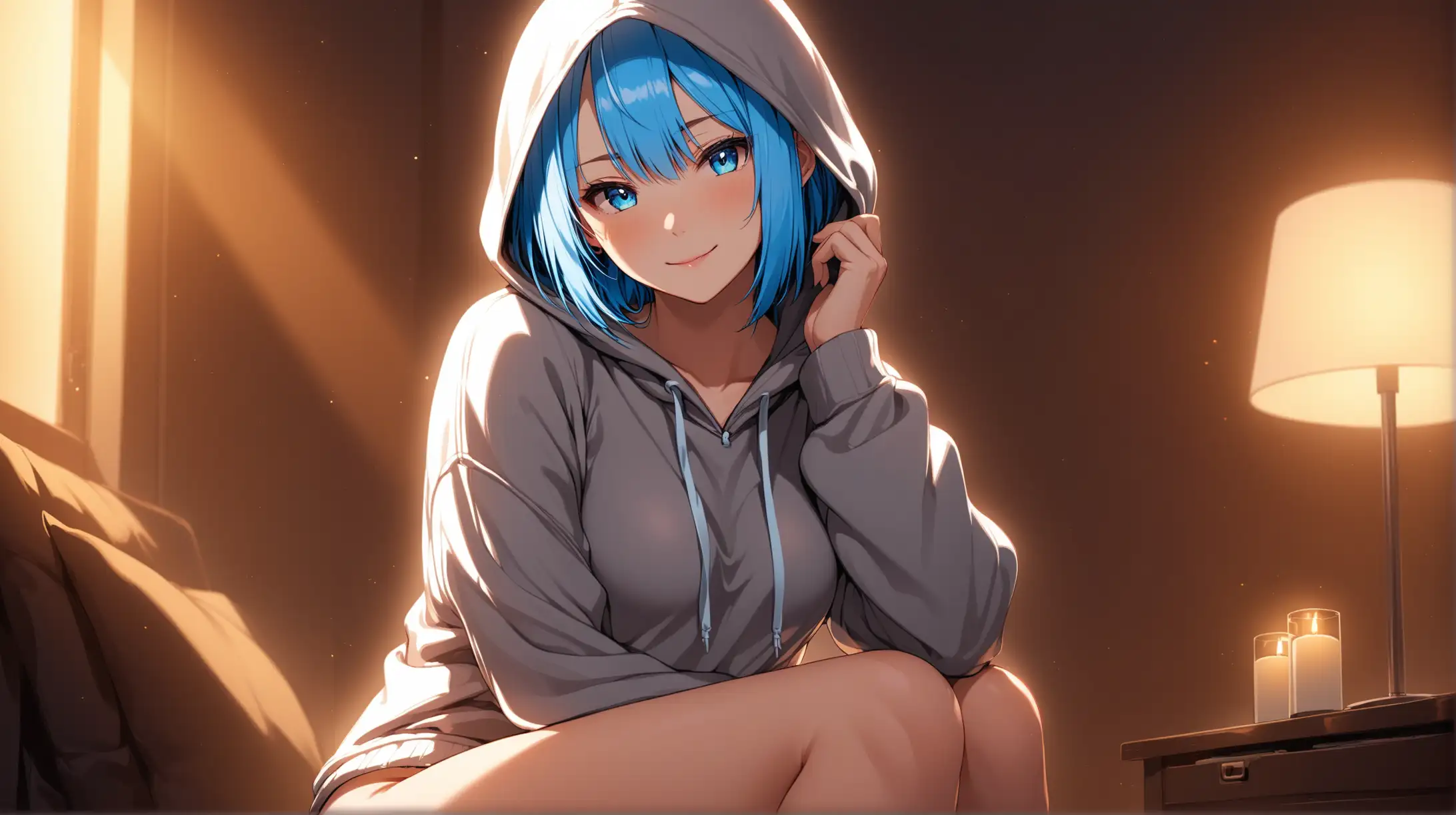 Draw the character Rem, high quality, ambient lighting, long shot, indoors, sitting, seductive pose, wearing a hoodie, revealing, smiling at the viewer