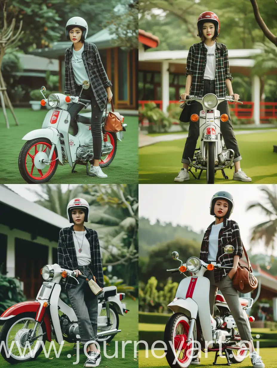 Stylish-Indonesian-Woman-Poses-with-Classic-Motorcycle-in-Serene-Setting