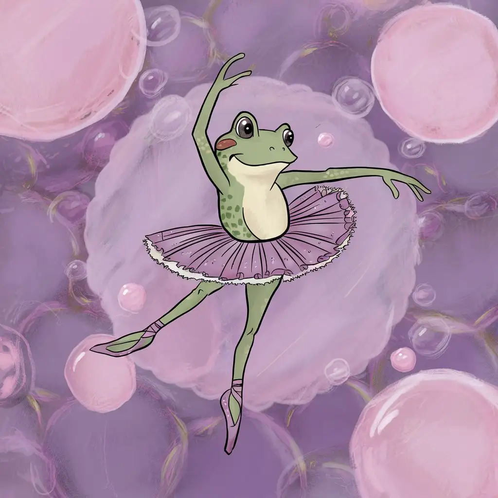 Грациозная мультяшная лягушка танцует в балетной пачке на фоне пузырьков на сиренево-розовом цвете 