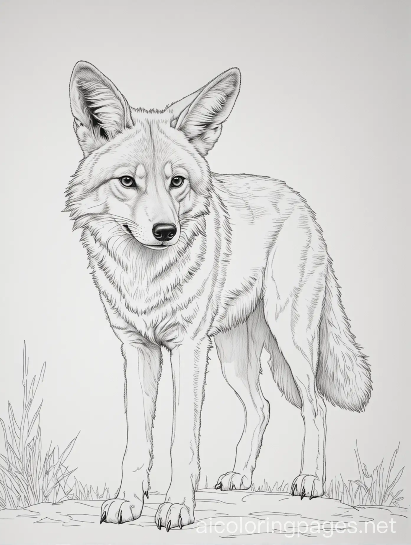 coyote, Coloring Page, black and white, line art, white background, Simplicity, Ample White Space. The background of the coloring page is plain white to make it easy for young children to color within the lines. The outlines of all the subjects are easy to distinguish, making it simple for kids to color without too much difficulty, Coloring Page, black and white, line art, white background, Simplicity, Ample White Space. The background of the coloring page is plain white to make it easy for young children to color within the lines. The outlines of all the subjects are easy to distinguish, making it simple for kids to color without too much difficulty