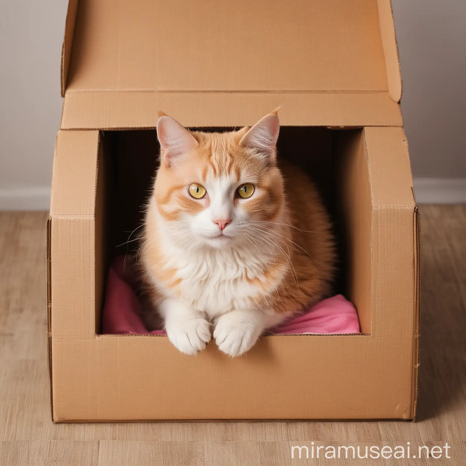 Кот сидит в картонной коробке. Розовые и желтые тона