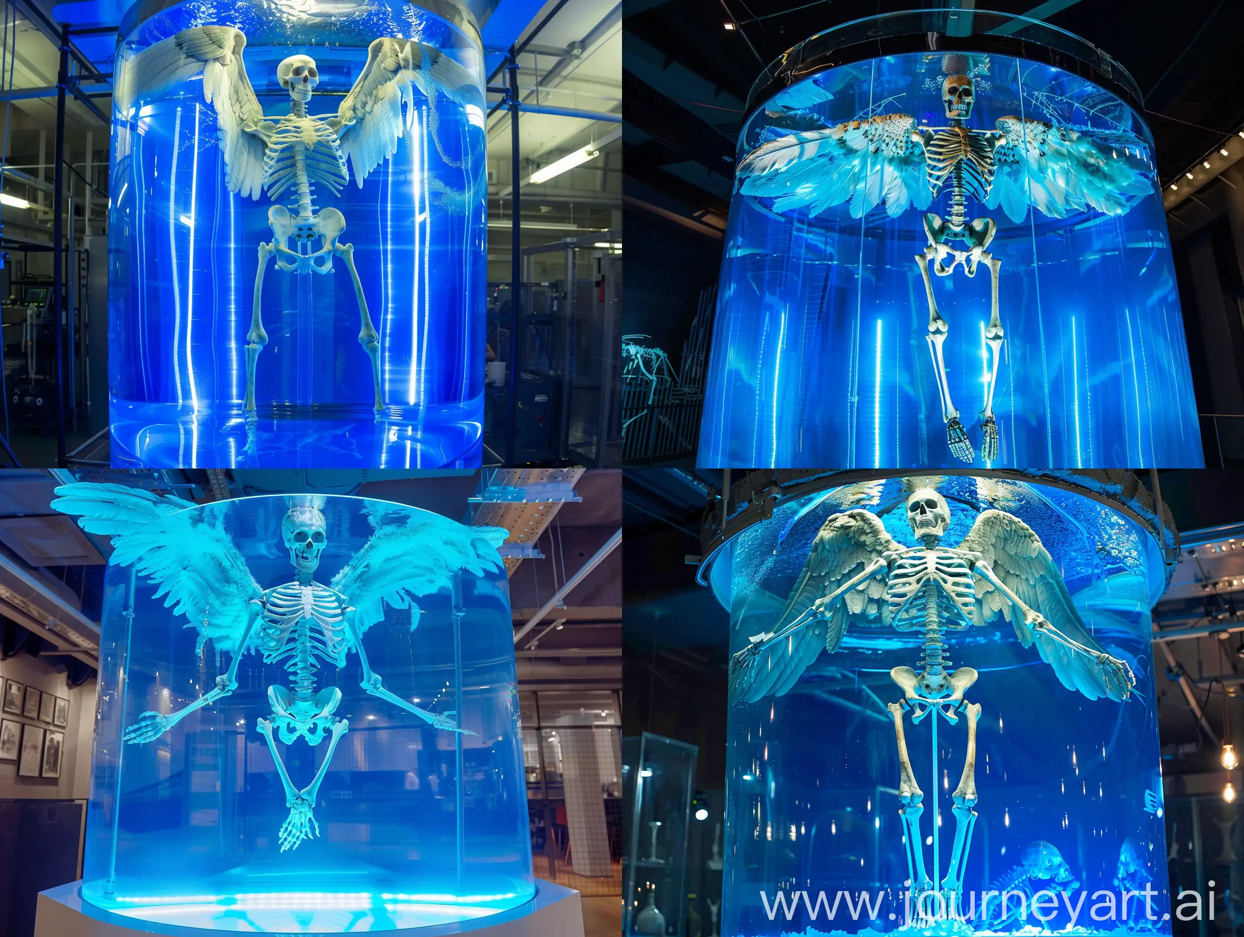 the skeleton of an angel, suspended in a large tank of blue fluorescent liquid