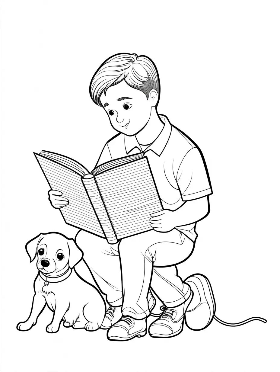 Young-Boy-with-Down-Syndrome-Reading-a-Book-to-a-Dog-Coloring-Page