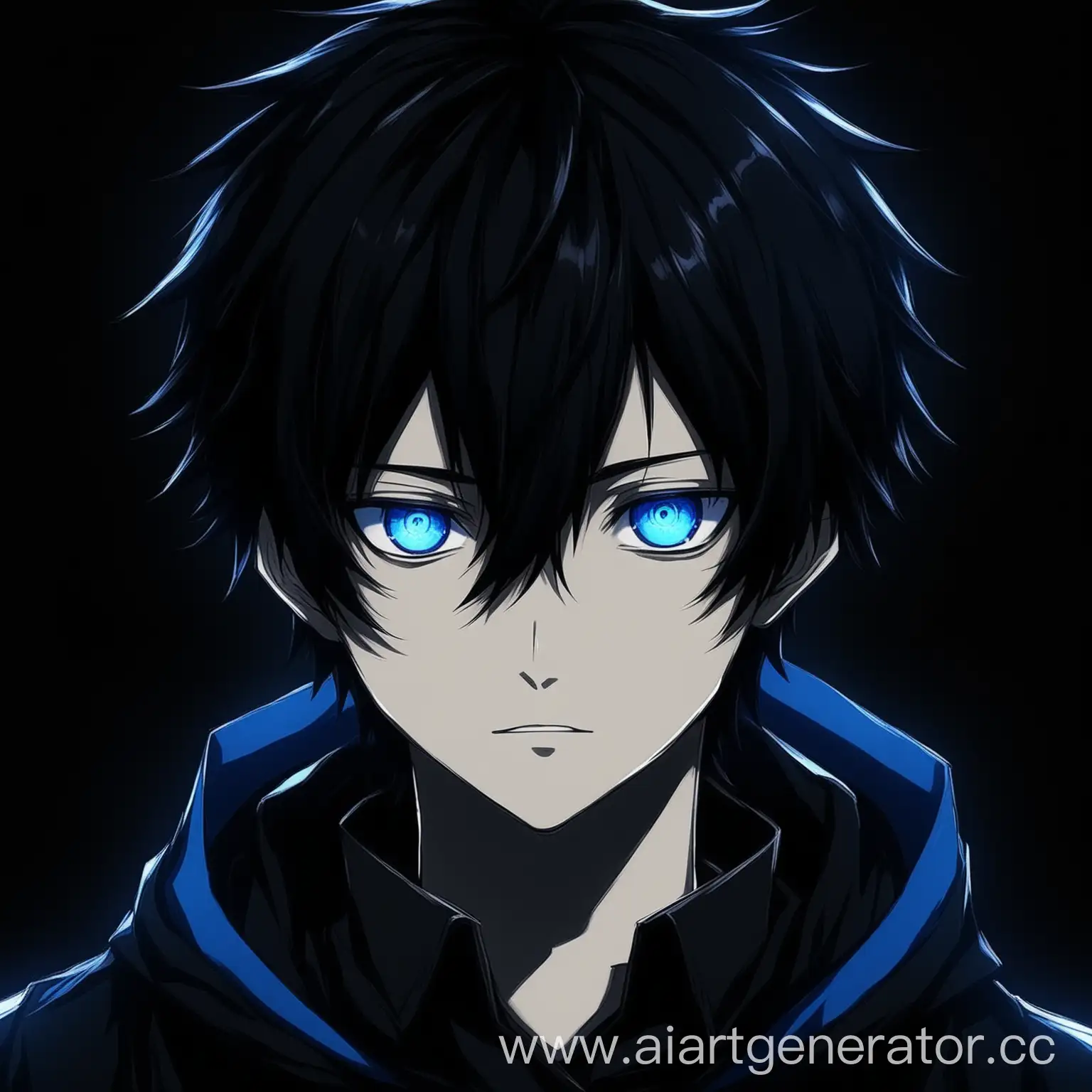 Аниме юныша LINEXSIDE с синими глазами на чёрном фоне более  мрачное лицо с чёрными волосами