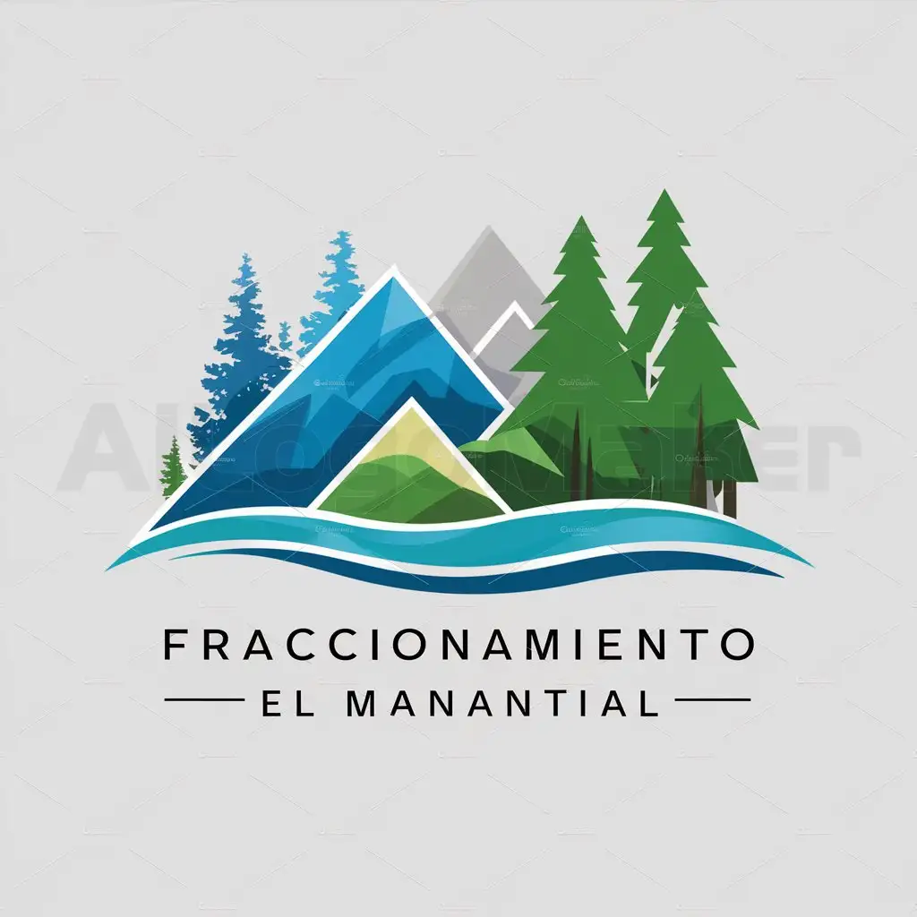 a logo design,with the text "El Manantial", main symbol:a logo design, with the text 'Fraccionamiento el Manantial', main symbol: Generate a modern logo for Fraccionamiento El Manantial, using as main elements mountains in blue tones, pine trees and sycamore trees in green tones and a representation of flowing water in the foreground. The background should be white and the design should convey a sense of tranquility and nature.,complex,be used in Real Estate industry,clear background