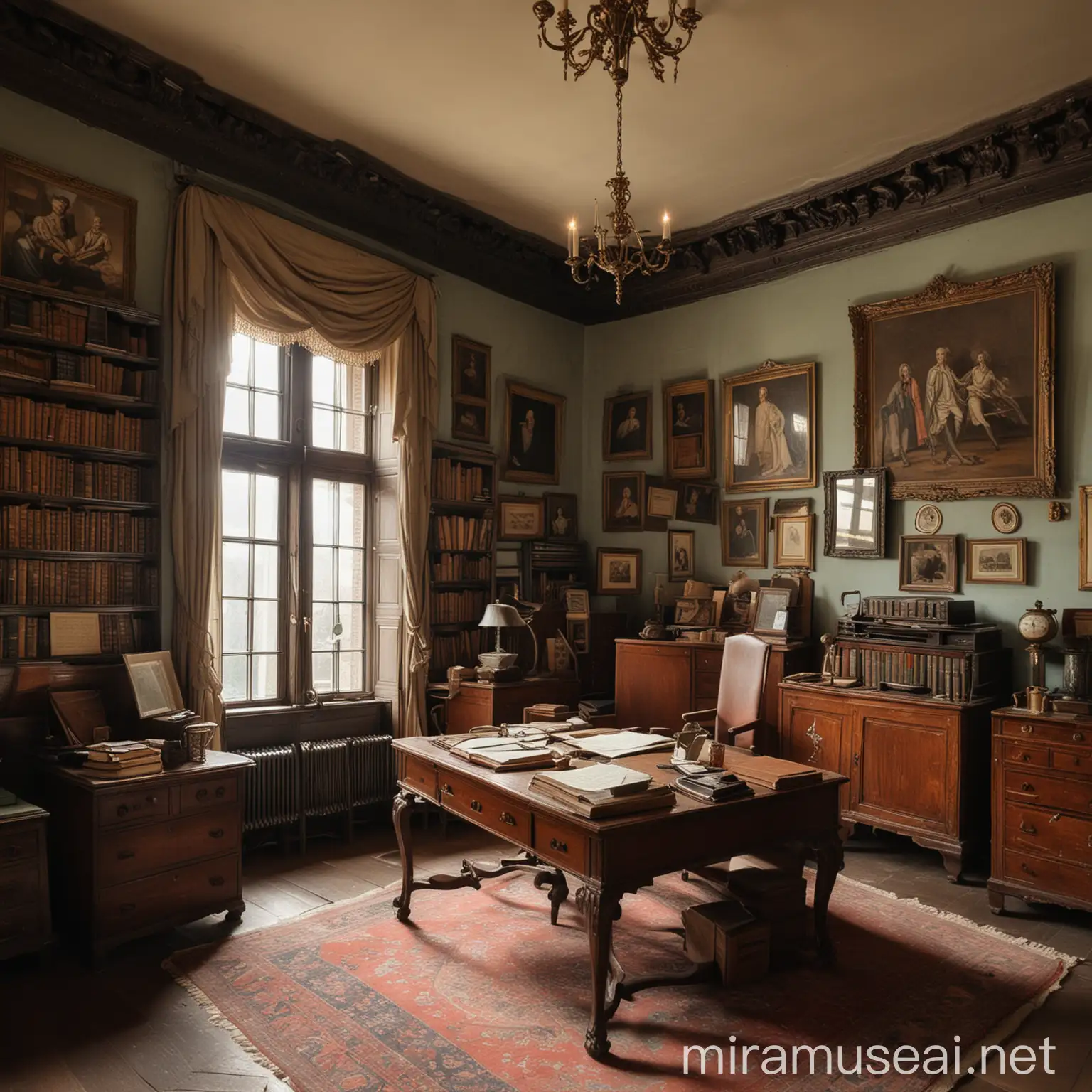 18th Century Scholar in His Lavish Office Surrounded by Books and Antiques