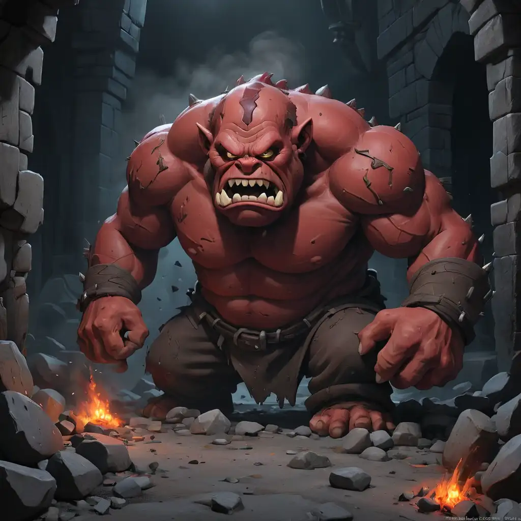 Scary Red Ogre in Eerie Dungeon Among Rubble and Smoke at Night