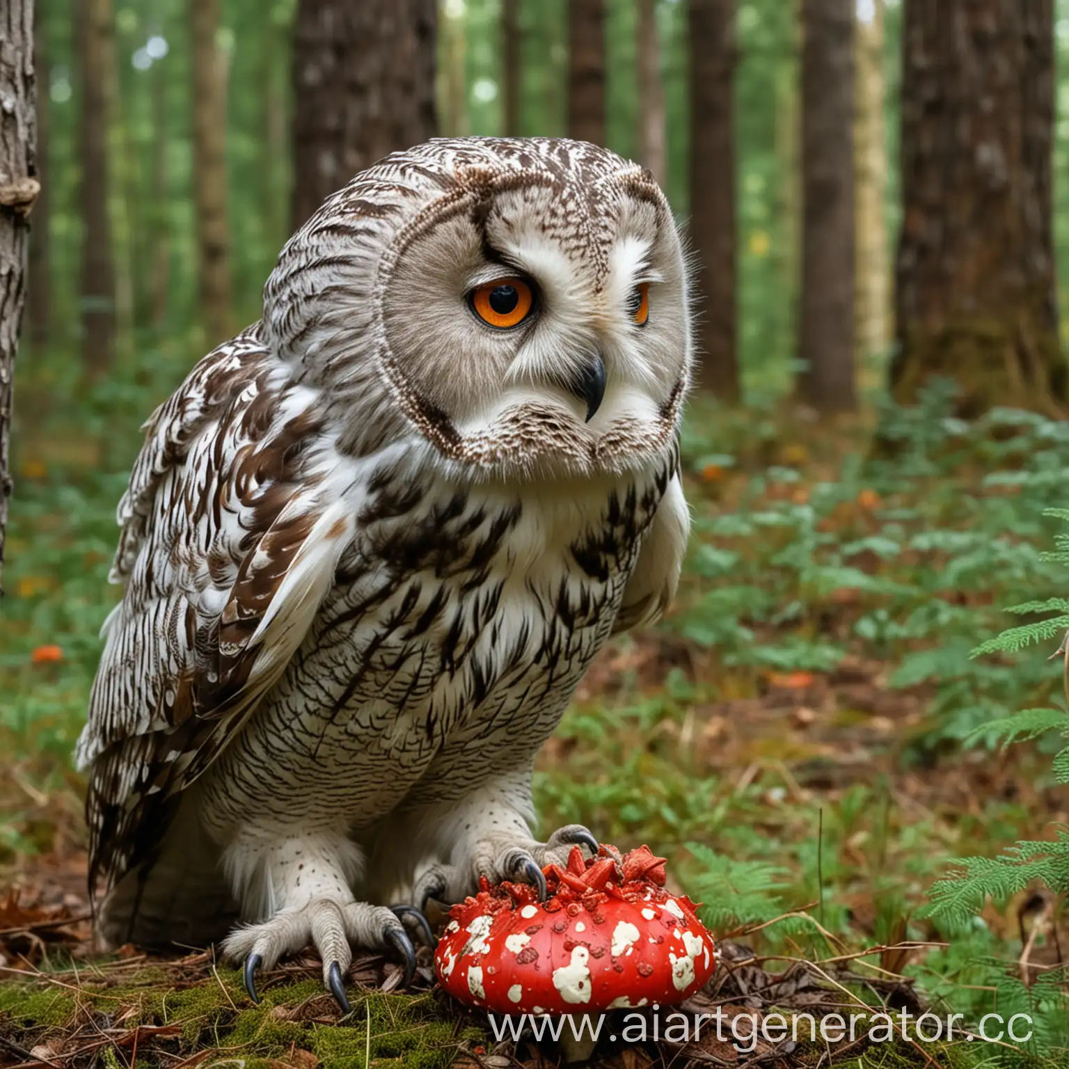 Majestic-Siberian-Owl-Feasting-on-Fly-Agaric-Mushrooms