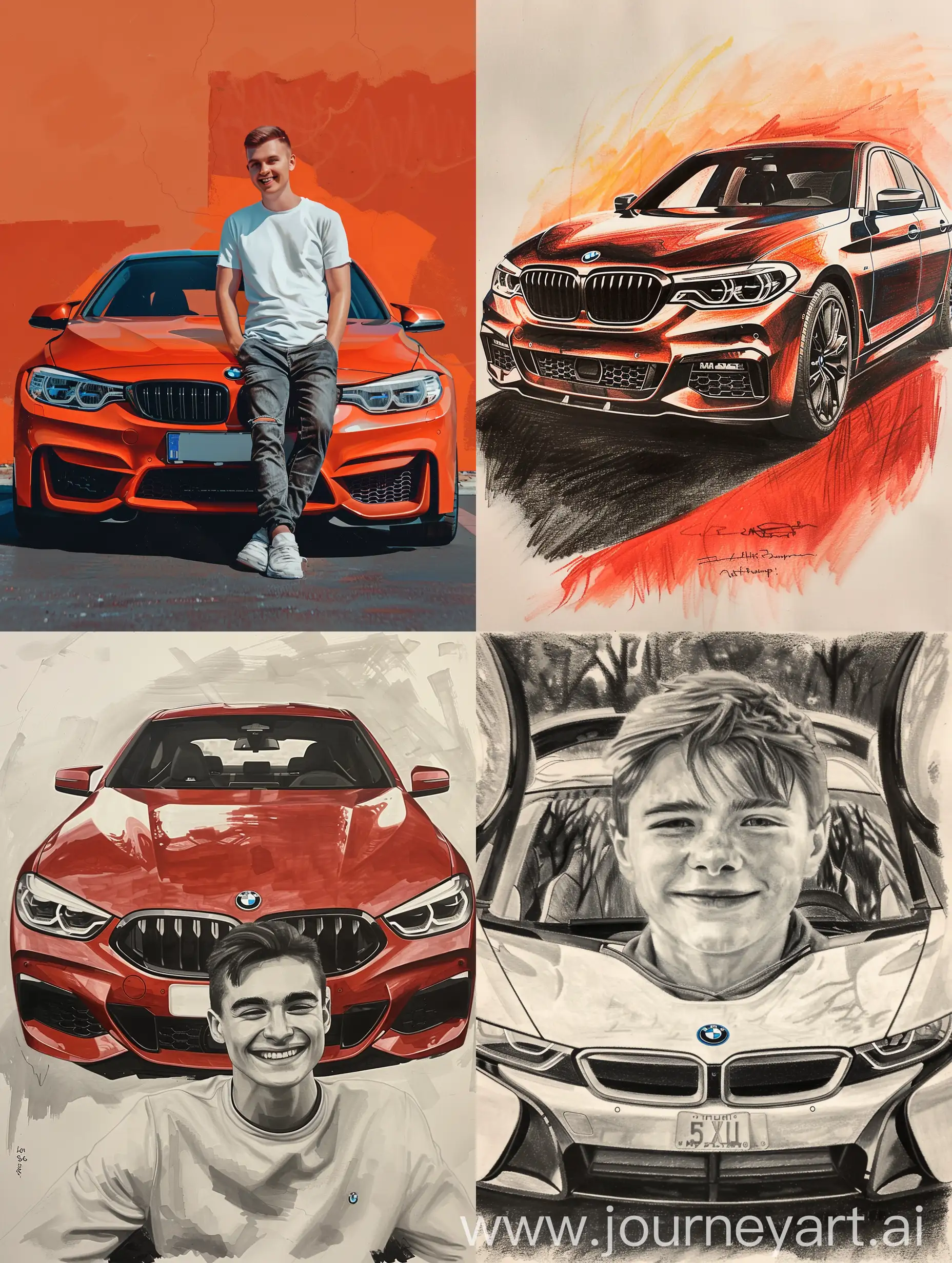 Нарисуй мне молодого Счастливого владельца BMW, в светлых тонах реалистичное фото 