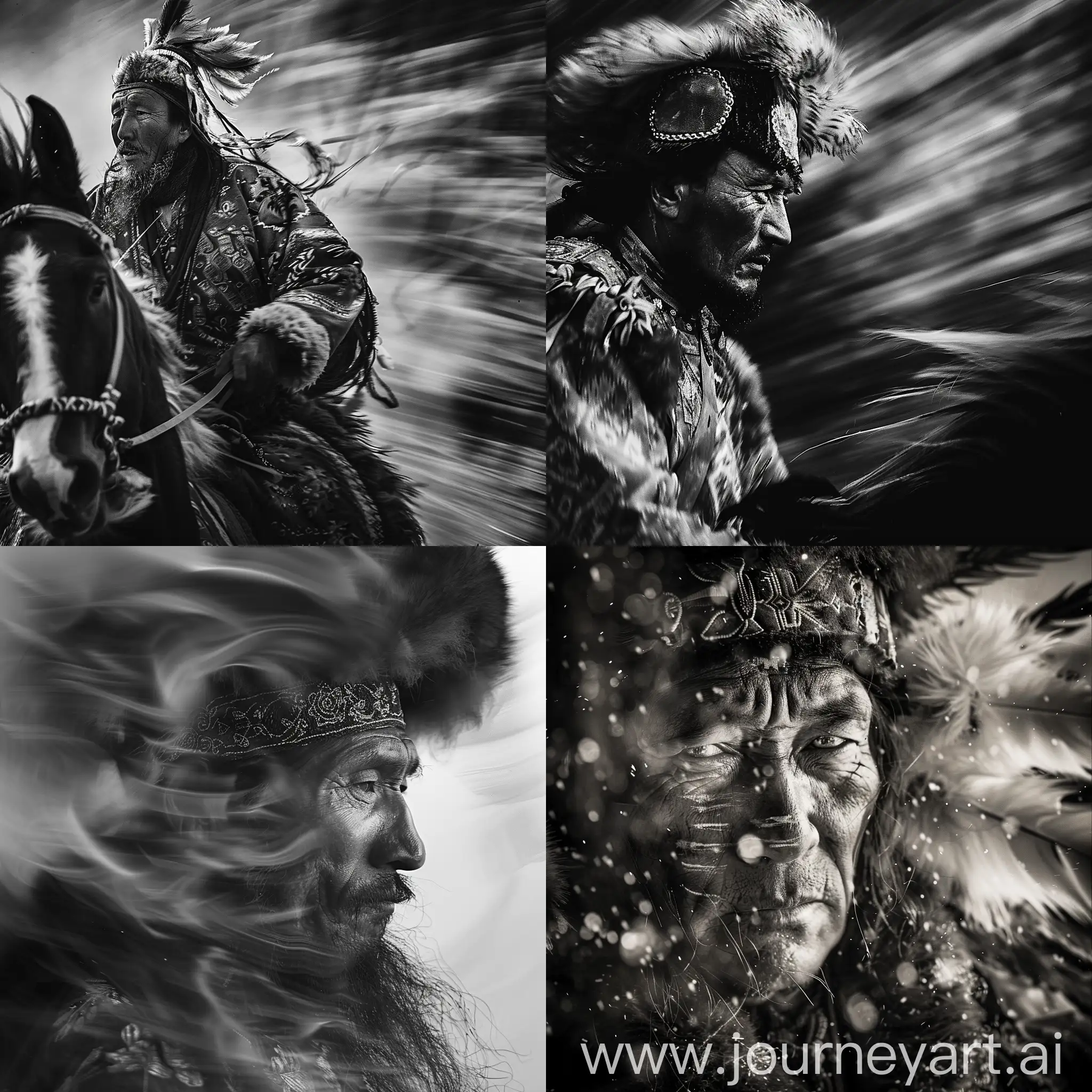 Kazakh warrior black and white image, in the style of blurry details, ethereal minimalism