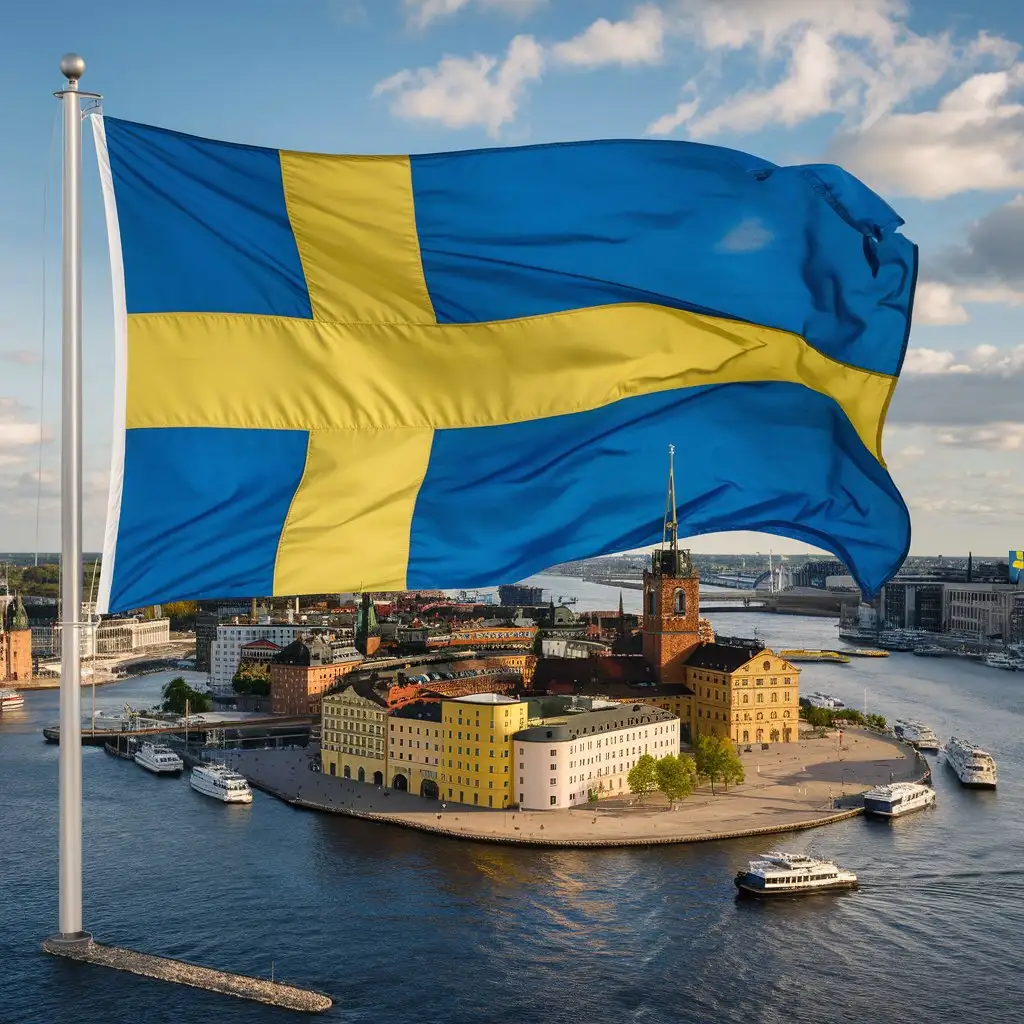 a picture of the City Stockholm in sweden, create a swedish flag in front of the city.