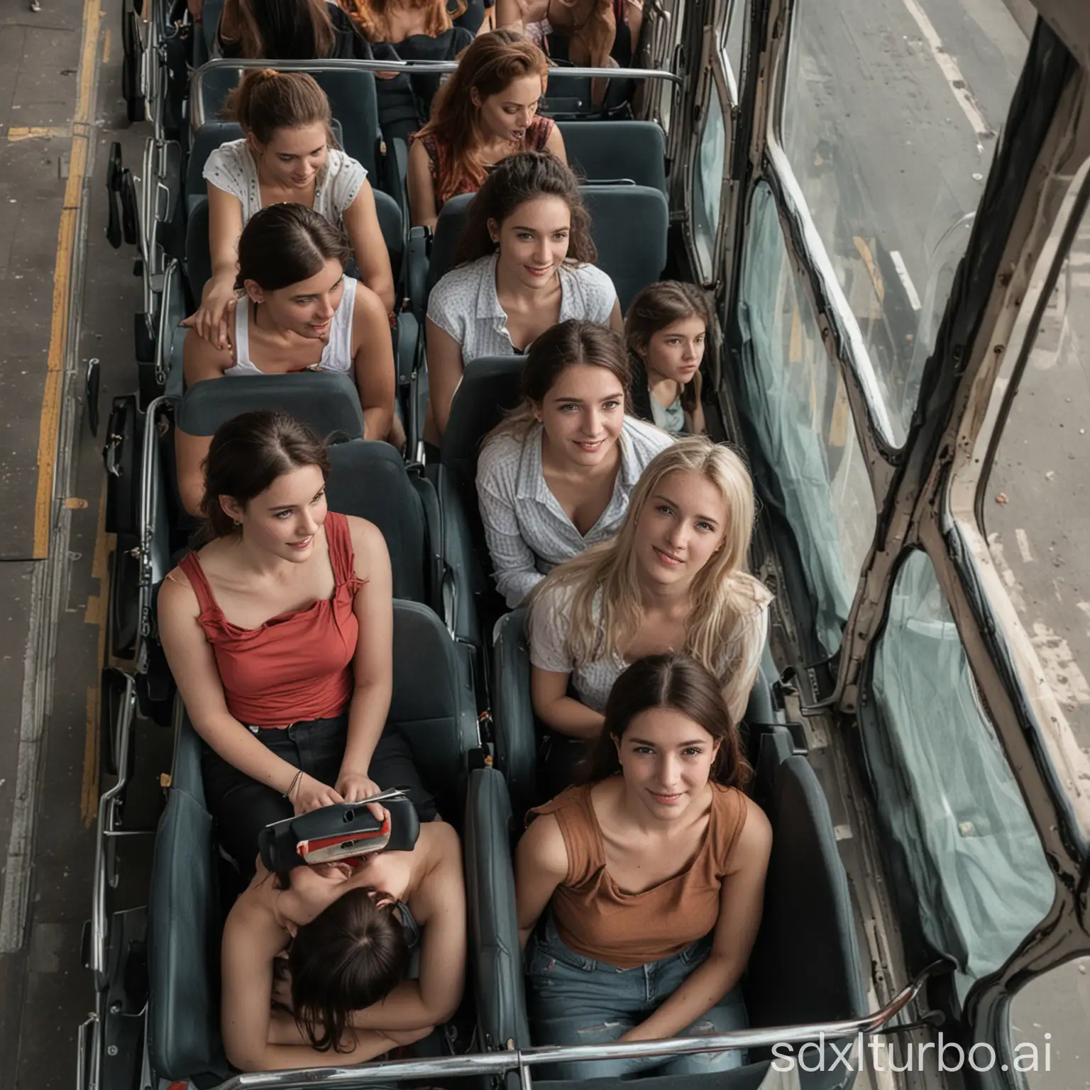 Top down view, women sitting on seats inside the bus