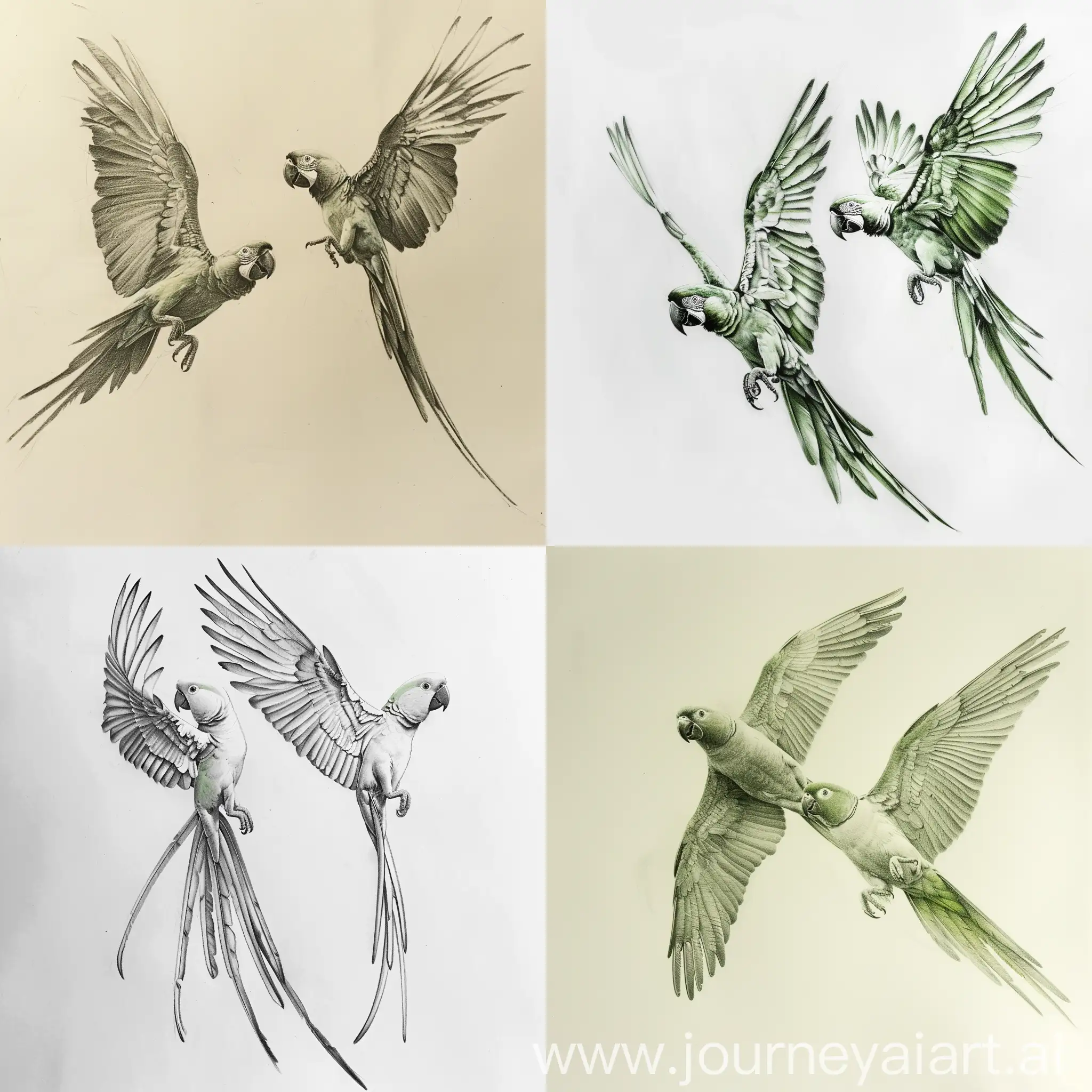 Portrait of a flying couple of ((green parrots)) drawn in pencil on a white background