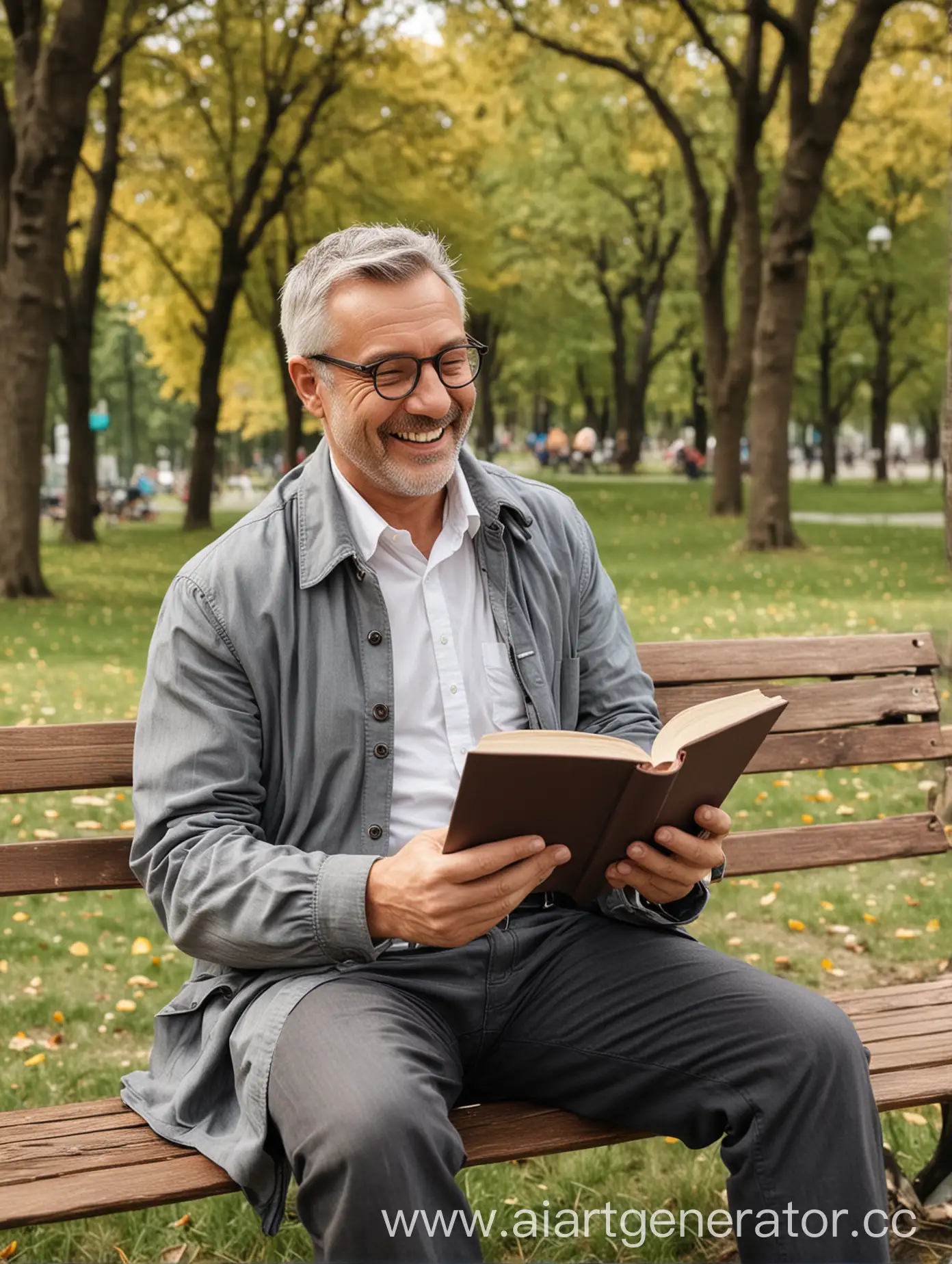 Веселый мужчина в возрасте читает книгу в парке