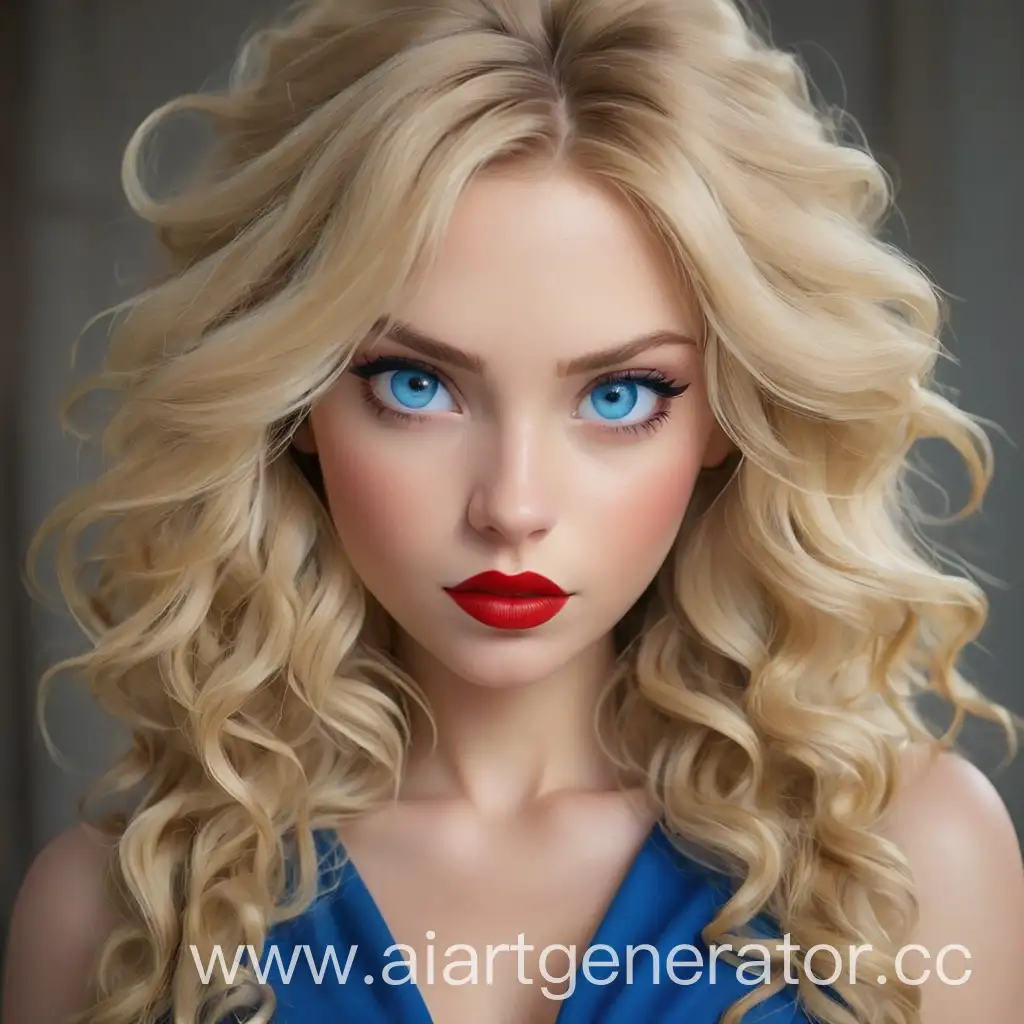 Big and Red lips blond hair and blue eyes 
