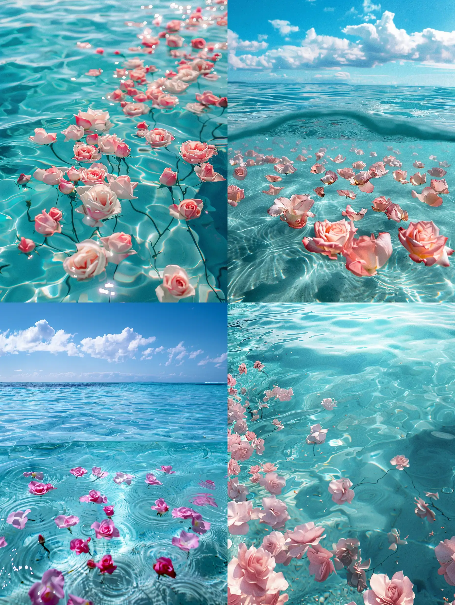 清澈湛蓝的海面上有成片的玫瑰花，美丽梦幻，超高清