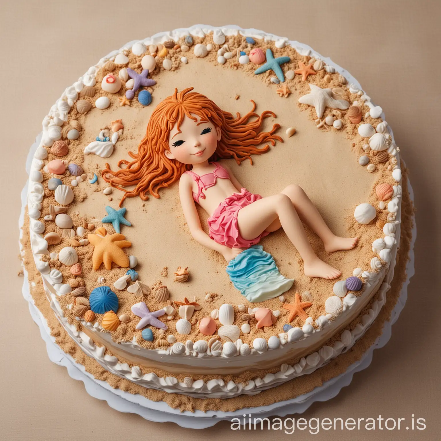 A cake in the shape of a girl lying in the beach