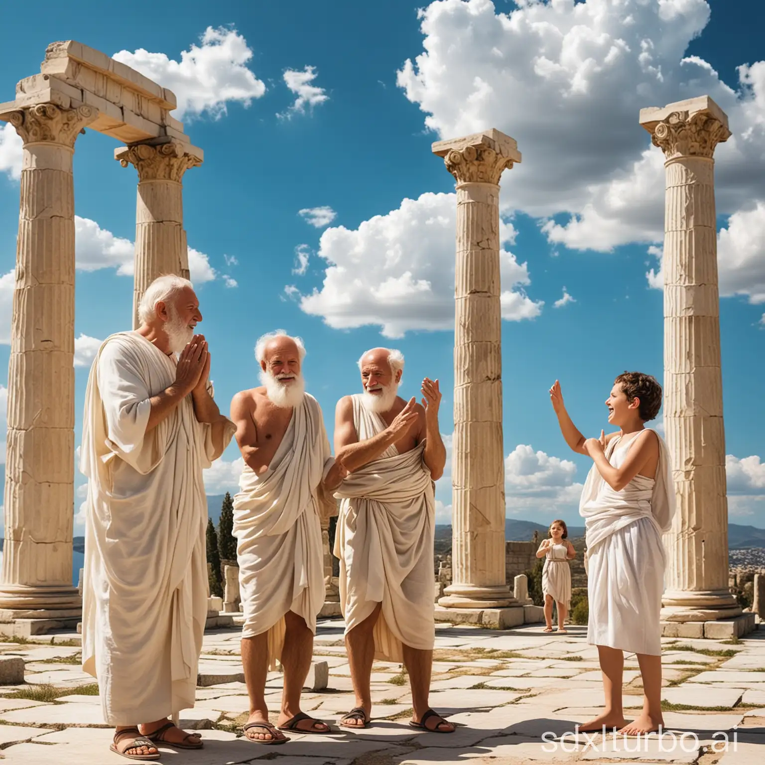 ancient Greek philosophers in a Greek temple cheering and clapping a small child singing, child centred in picture. Frail old men. Bright summer day under blue skies with puffy white clouds.