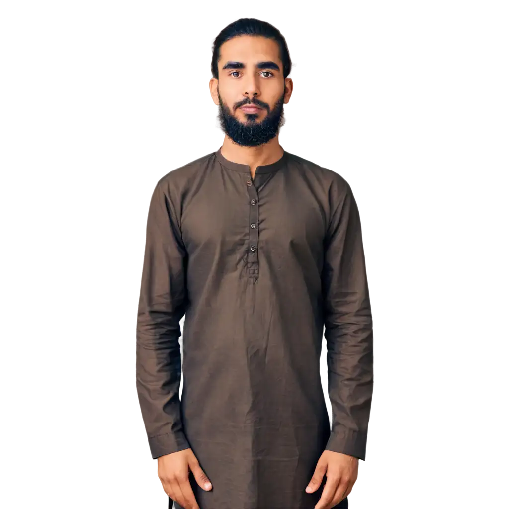A young Muslim boy with a long beard and dressed in a beautiful shalwar kameez poses beautifully for a photo shoot.
