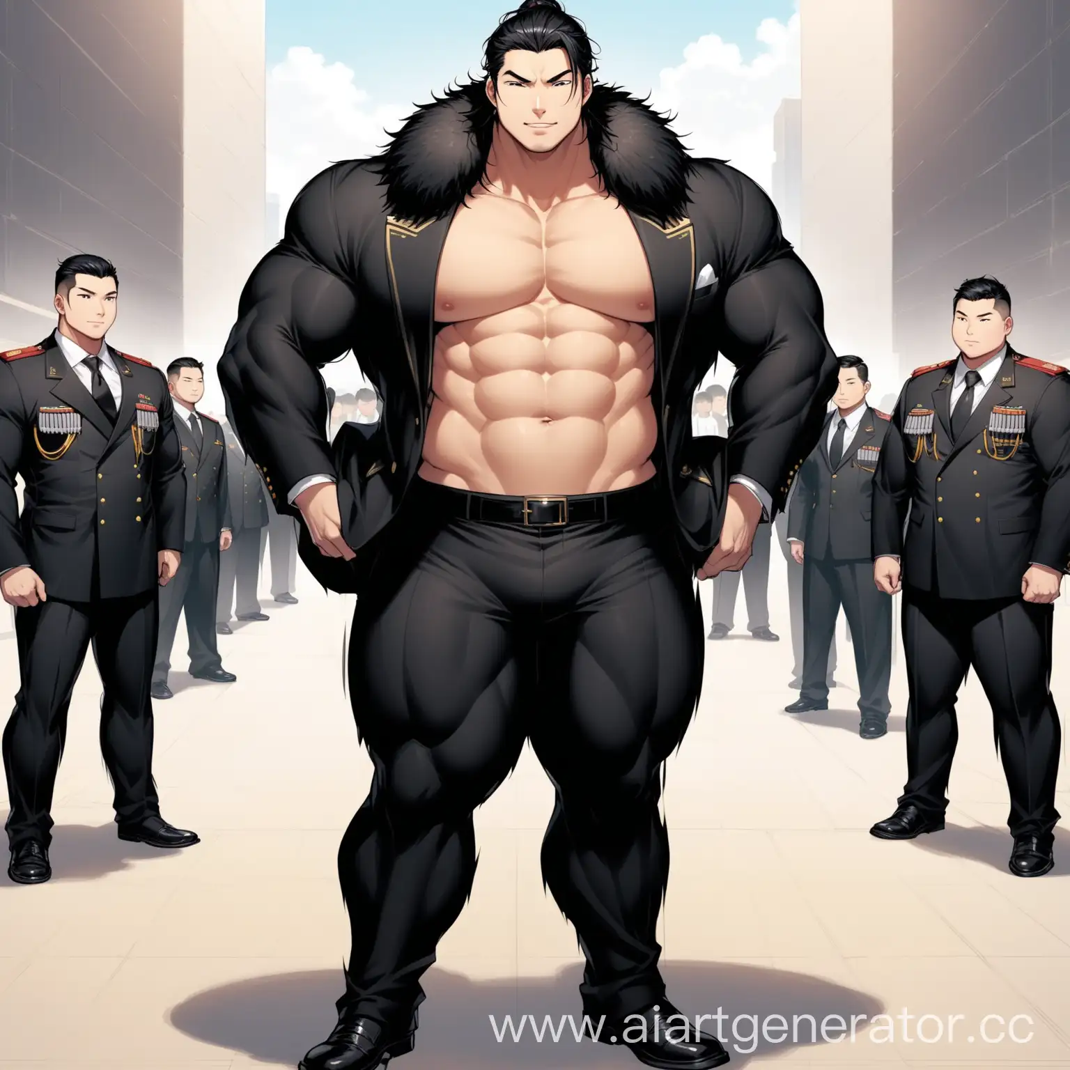 Giant-Chinese-Man-in-Sleek-Black-Suit-with-Visible-Abs-and-Military-Accents